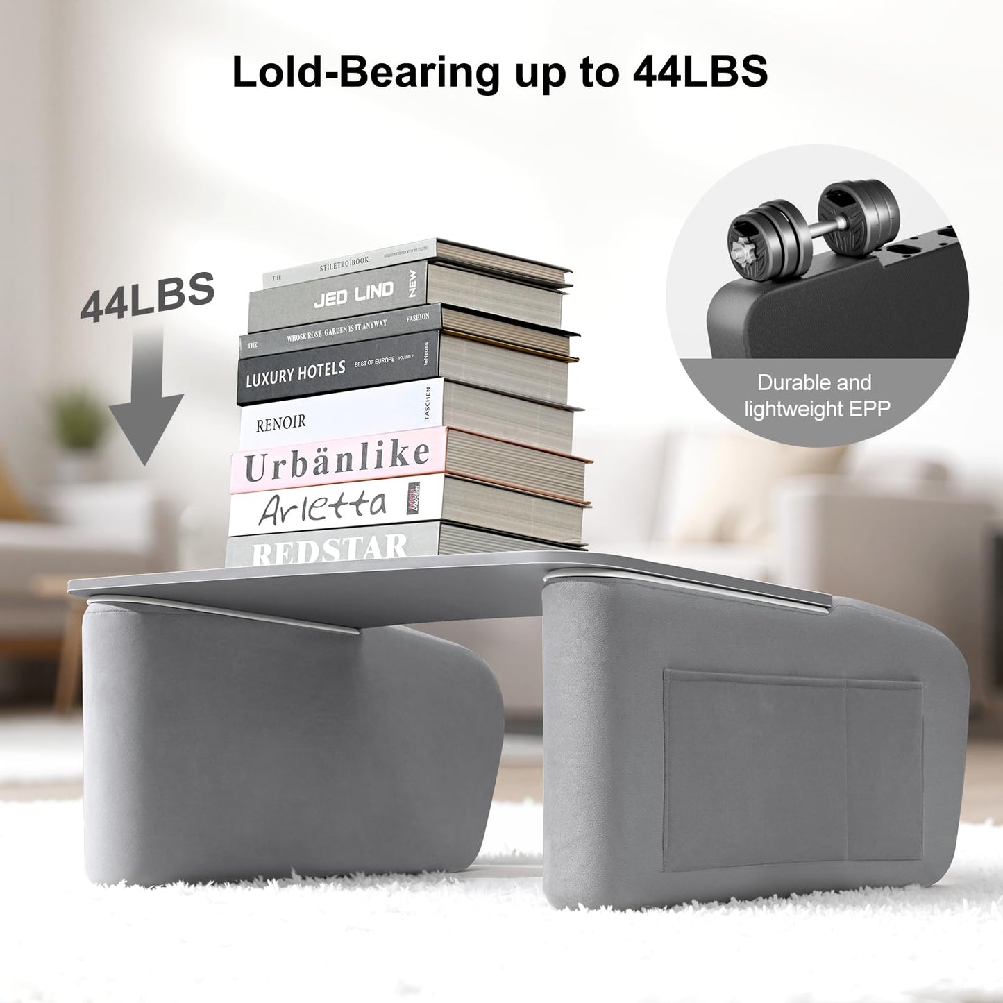 OPTIXCELL Reading Pillow for Gaming with Ergonomic Arm Rests, Wooden Lap Desk for Laptop, Support Pillow with Side Pockets for Reading, Writing, Working, Gaming on Bed, Couch or Floor (Gray, Large)