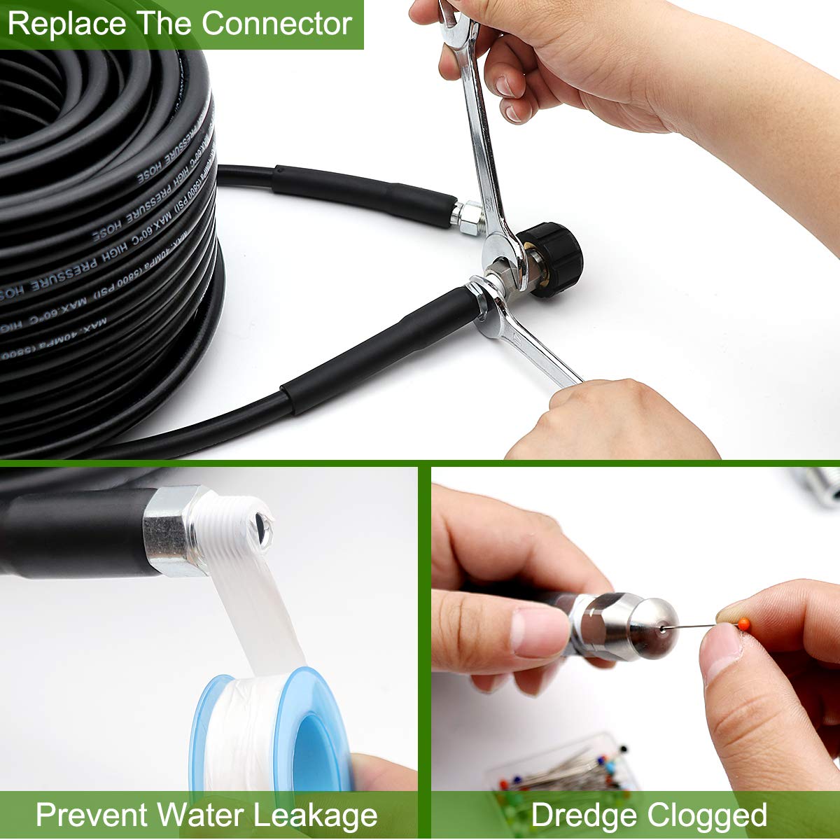 Sewer Jetter Kit 100FT for Pressure Washer, 5800PSI Drain Cleaner Hose 1/4 Inch NPT Corner Rotating and Button Nose Sewer Jetting Nozzle Spanner Waterproof Tape Pearl Corsage Pin