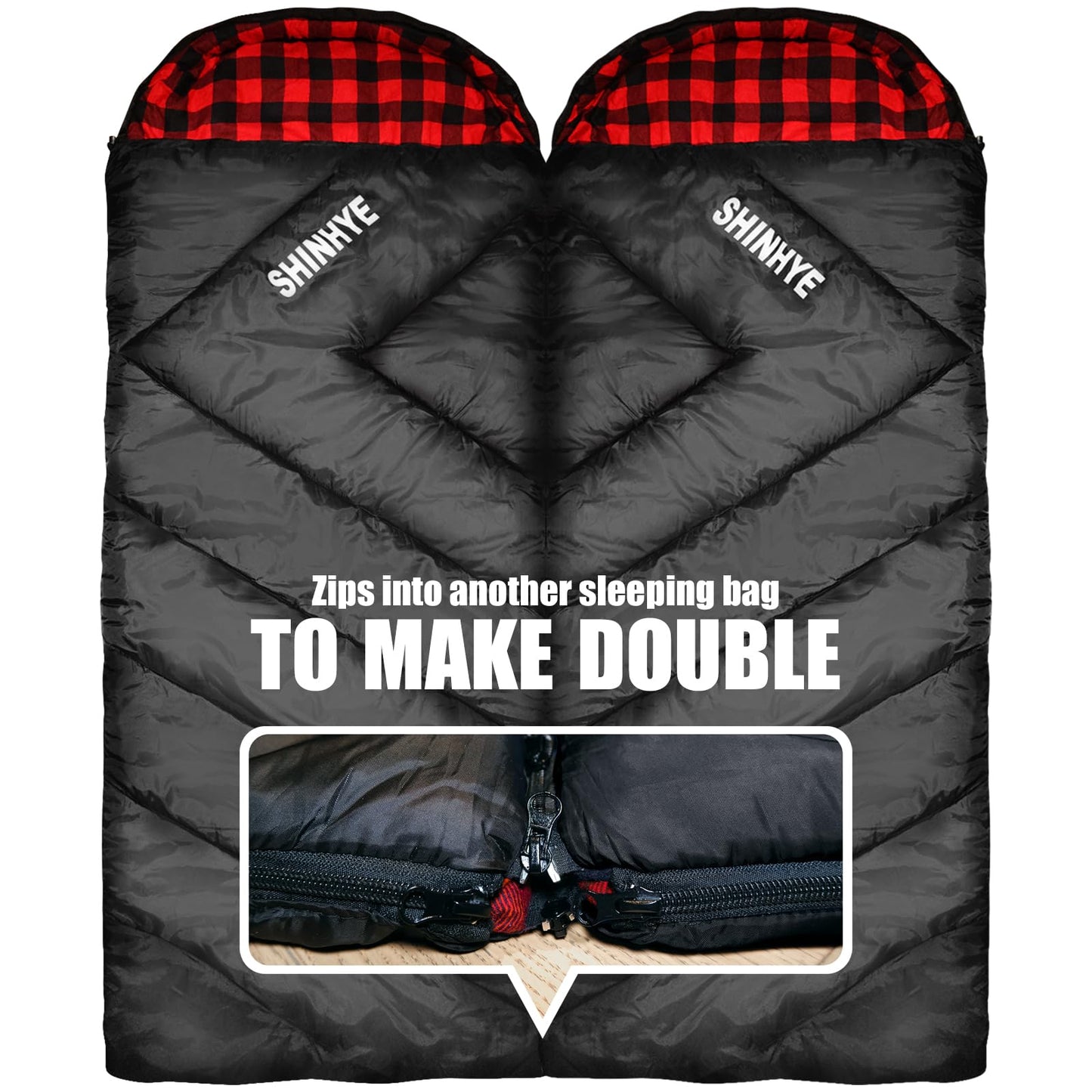 ShinHye 0 Degree Sleeping Bag for Adults - Cotton Flannel 4 Season Cold Weather Winter, XXL Big and Tall Camping Sleeping Bag with Compression Sack (Black1, 90"×35" Right Zip)