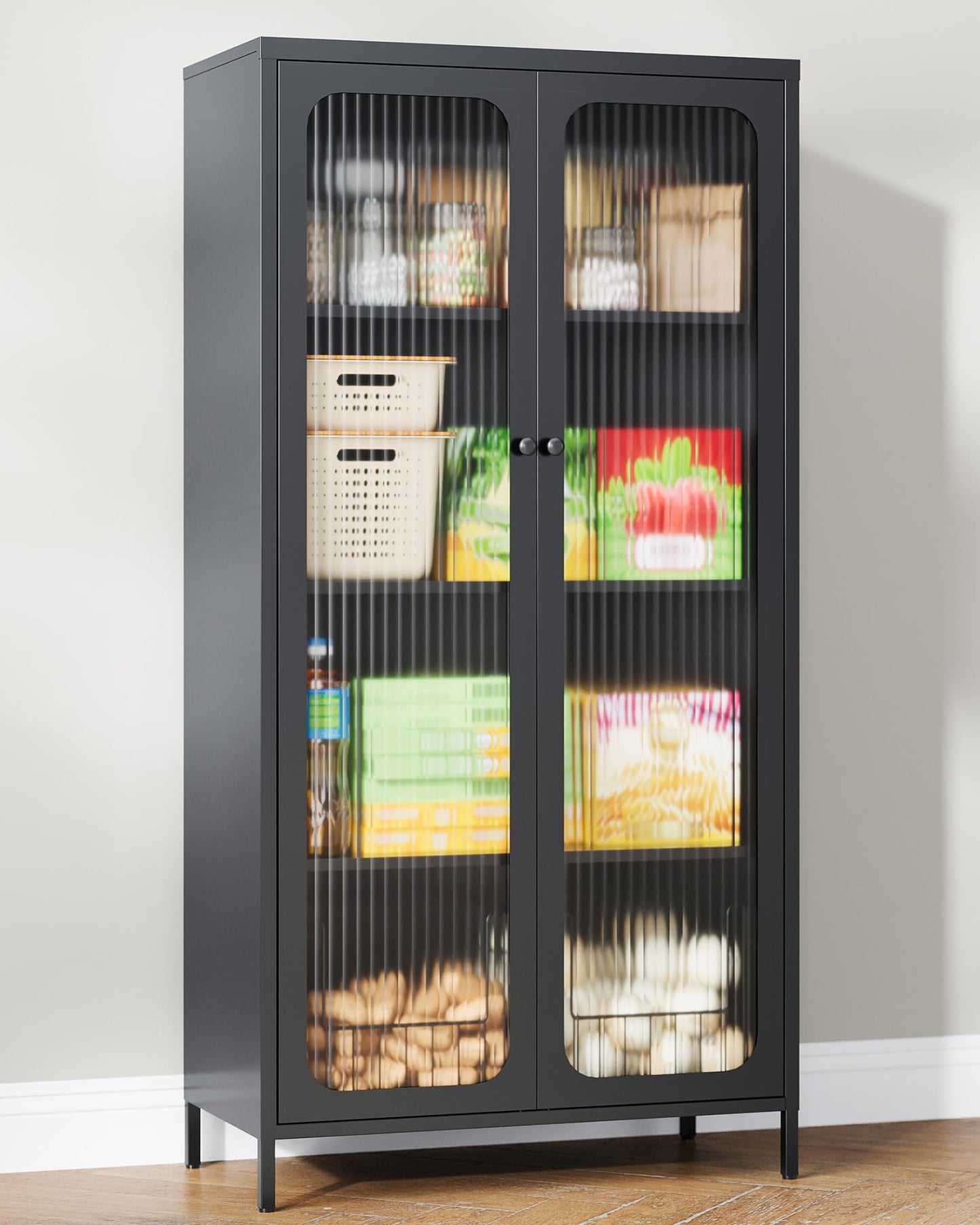 PEUKC 63'' Kitchen Pantry Storage Cabinet, Display Cabinet with Glass Doors and 3 Adjustable Shelves, Metal Kitchen Hutch Storage Cabinet for Dining Room, Living Room (Black)