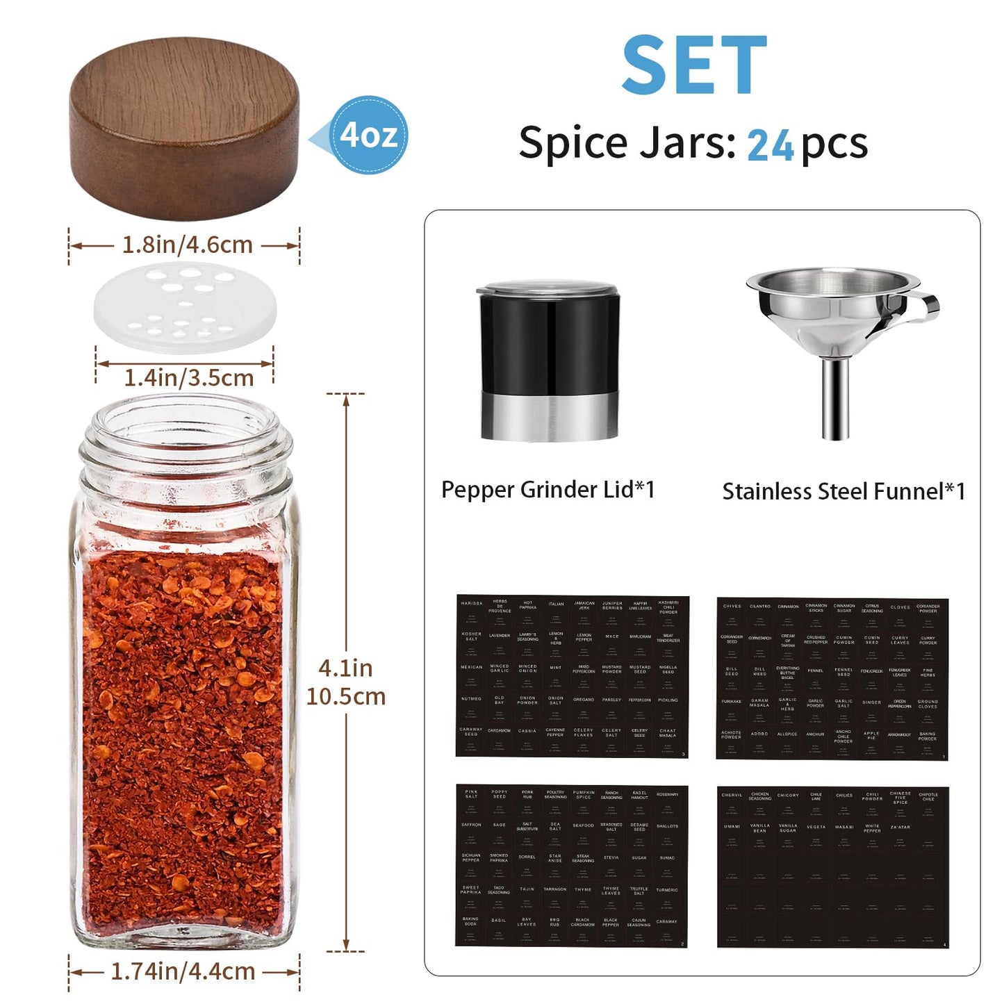 Yangbaga 24Pcs Glass Spice Jars with Labels-4OZ Wood Lid Square Spice Containers with Pepper Grinder Lids &Funnel,Seasoning Jars for Rack Cabinet Drawer