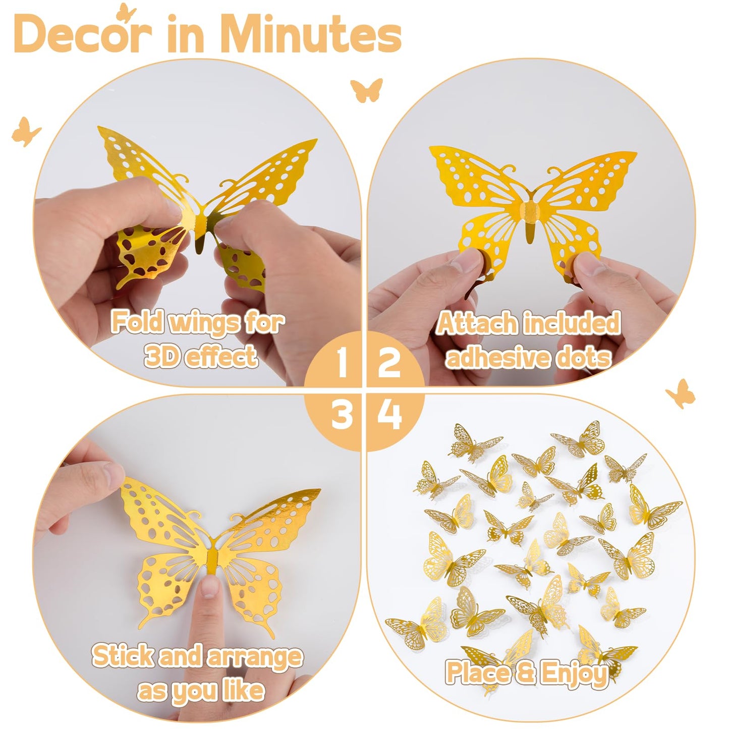 Phuryllic Butterfly Wall Decor, 48pcs 3D Butterfly Stickers in 3 Sizes & 4 Styles for Balloon Arch & Cake Decorations, Cute Decals for Girls Room & Birthday Party, Laser Pink