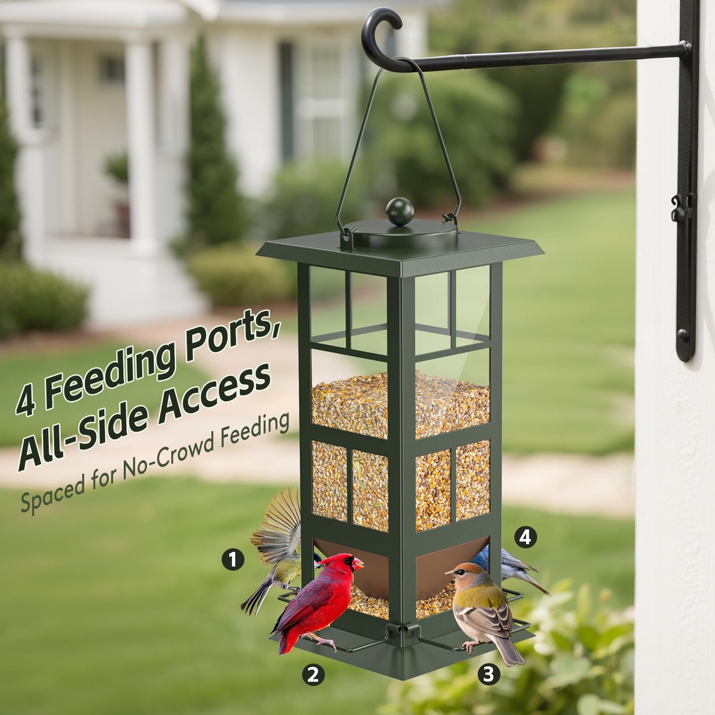 Wildpark Wild Bird Feeders for Outdoors - Small Metal Hanging 4 Port Bird Feeder with Drainage Holes, Easy to Fill Weatherproof Design - Attracts Cardinals, Blue Jays & More
