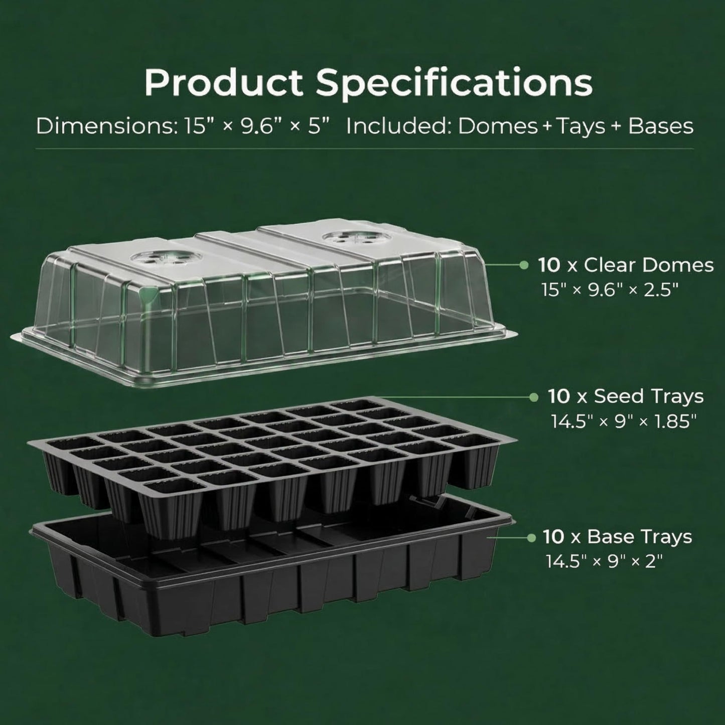 Gardzen 10-Set Garden Propagator Set, Seed Tray Kits with 400-Cell, Seed Starter Tray with Dome and Base 15" x 9" (40-Cell Per Tray)