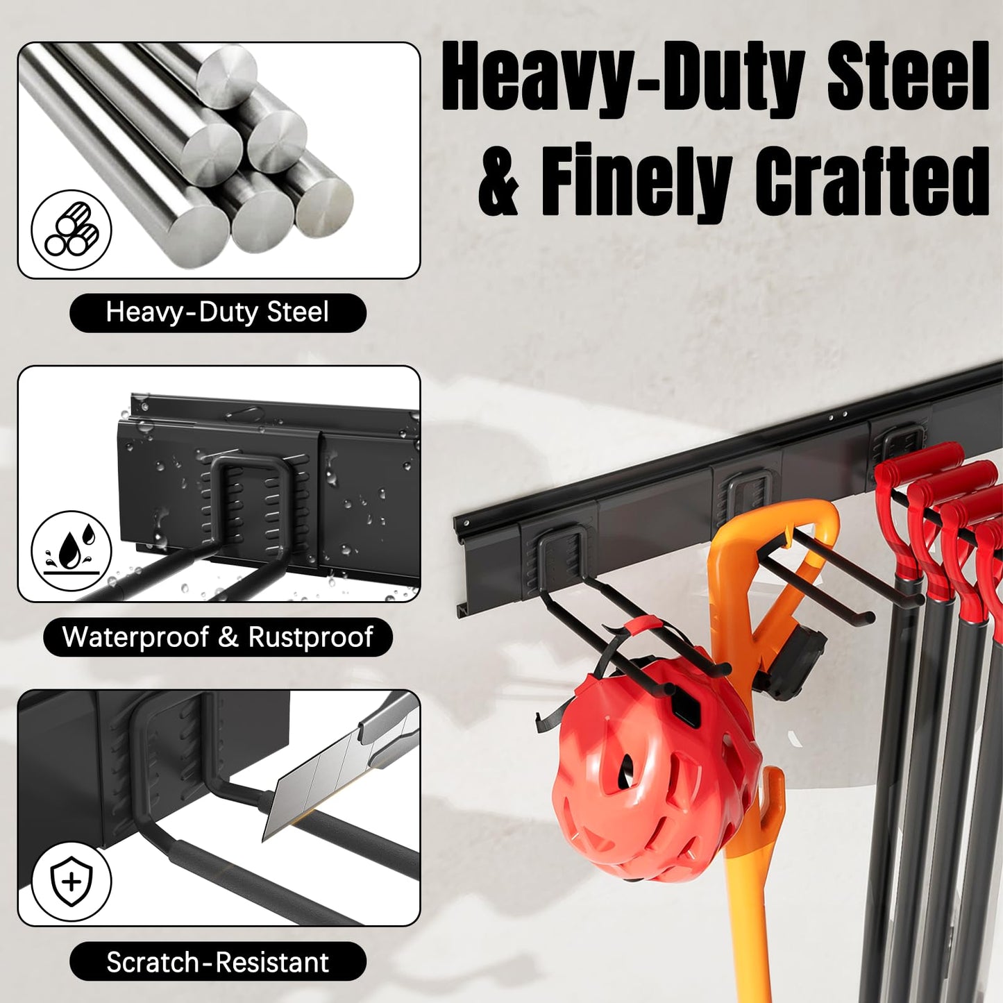 Garage Garden Tool Organizer Wall Mount, Heavy Duty Garage Tool Storage Rack 64 Inches, Max Load 440lb - Shovel, Rake, Folding Chair, Weed Eater Storage