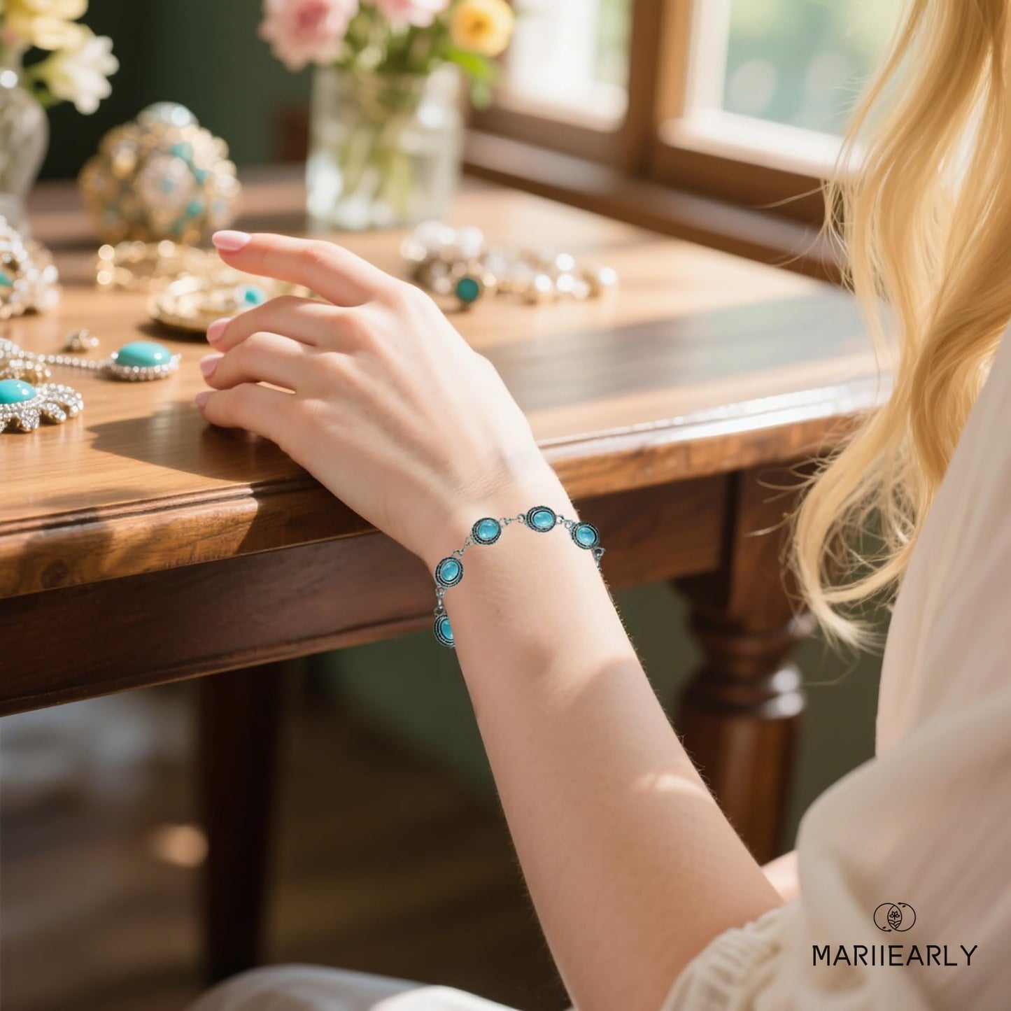 Mariiearly Turquoise Bracelet For Women,Boho Turquoise Jewelry For Women Bracelet Silver Turquoise Bracelet Bohemian Birthday Gifts for Women Mom 8" (Turquoise)