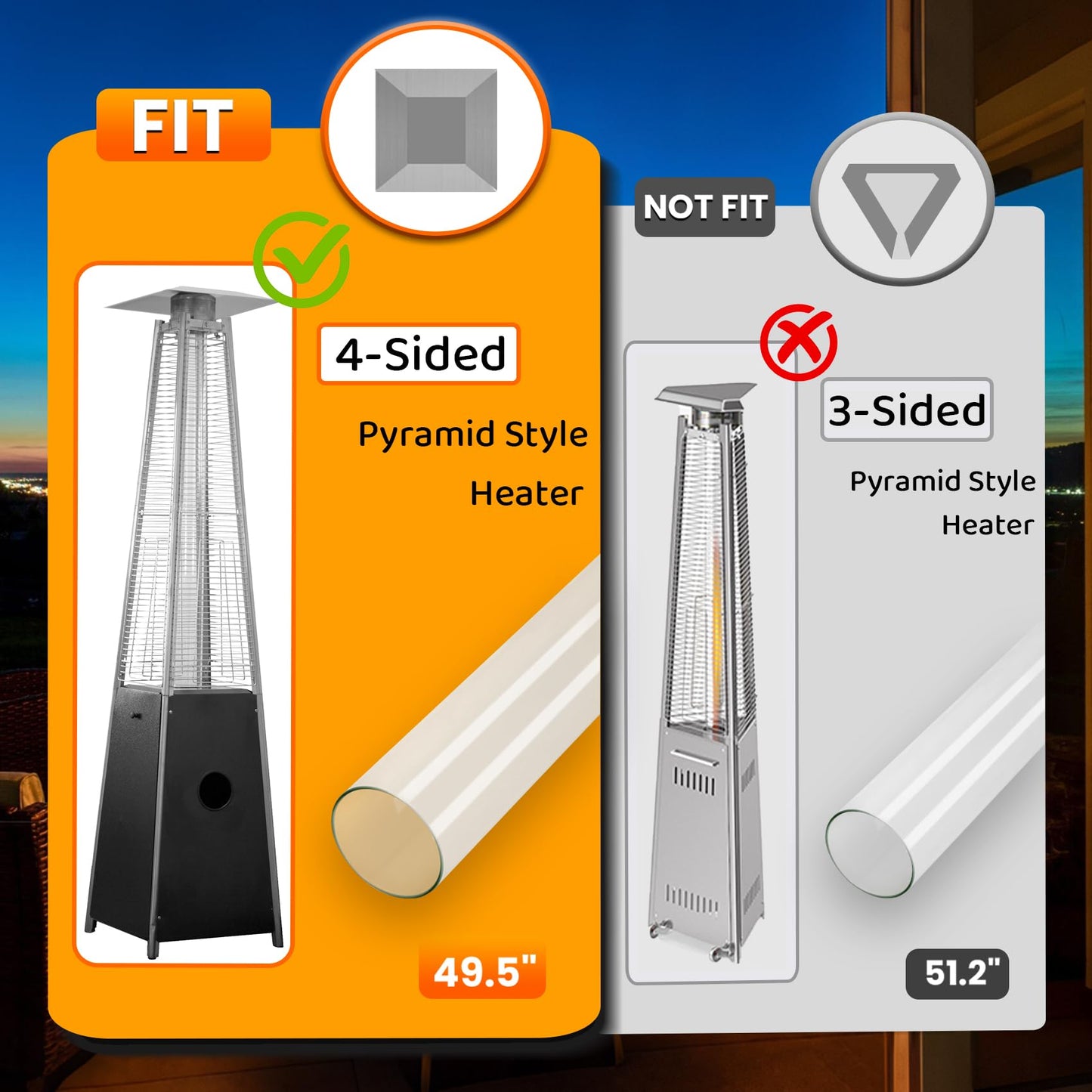 Patio Heater Glass Tube Replacement, 49.5 x 4" Patio Heater Replacement Parts with Ring, Outdoor Heater Replacement Parts for 4-Sided Pyramid Heater, Glass Tube Patio Heater for Hiland, fire sense