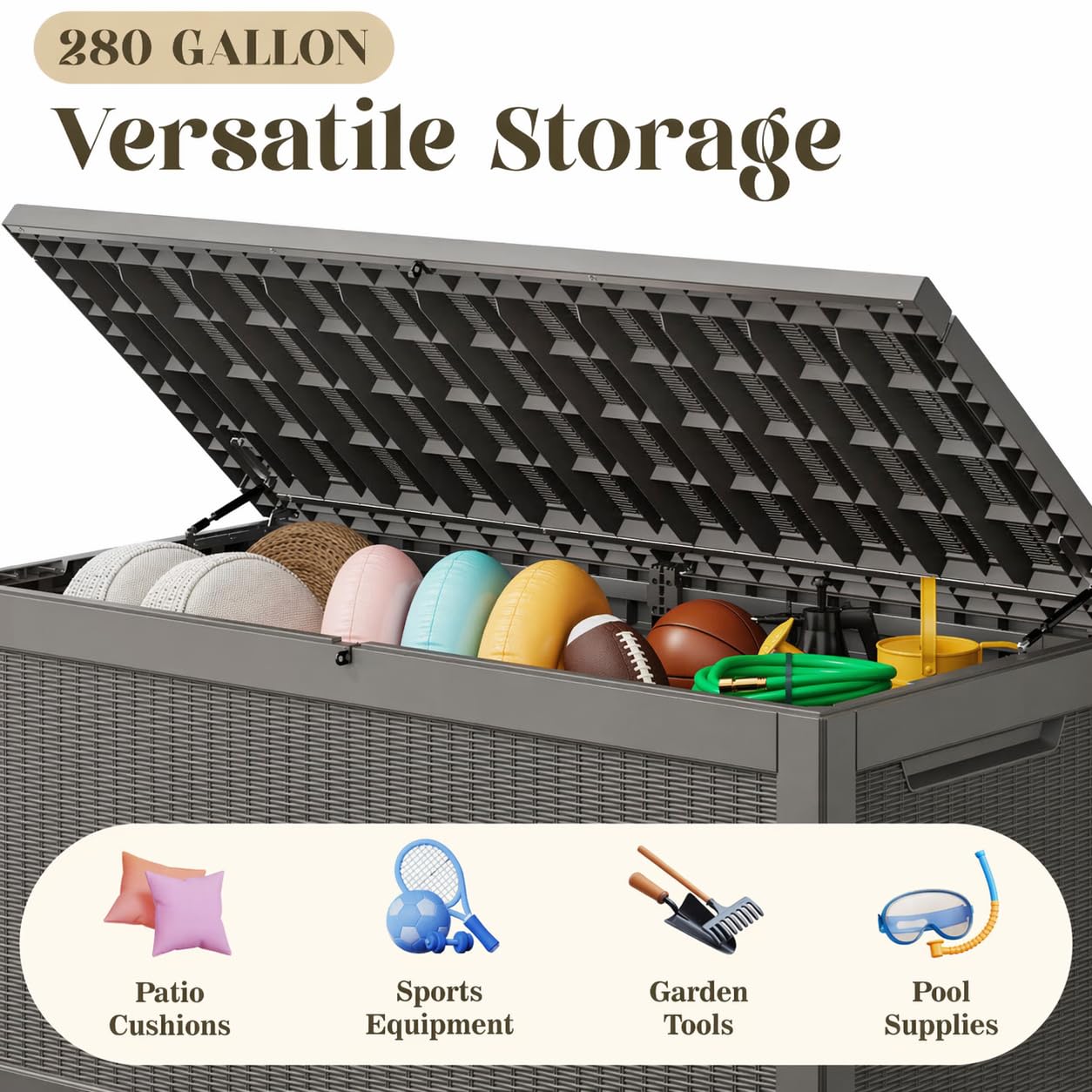 KAMABOKO 280 Gallon Outdoor Storage Box, Resin Deck Boxes Indoor and outdoor, Waterproof Storage Box Lockable Lid for Garden Tools, Package Delivery, Patio Cushions, Grey