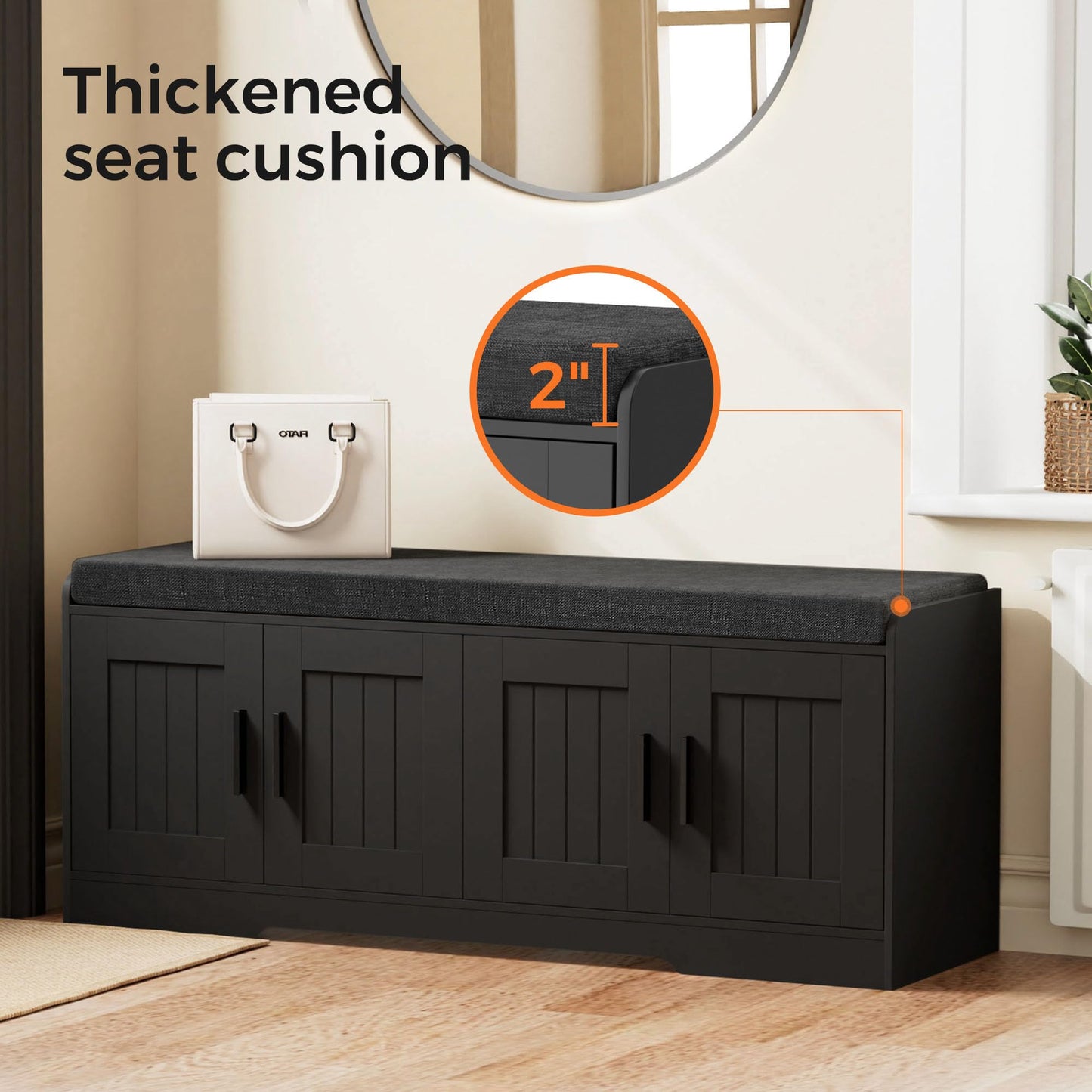 Homleke 2-Tier Storage Bench, Shoe Bench with Thickened Padded Seat Cushion, Entryway Bench with 4 Doors, Adjustable Shelf, 13.8" D x 45.3" W x 18.5" H, for Entryway, Living Room, Bedroom, Black