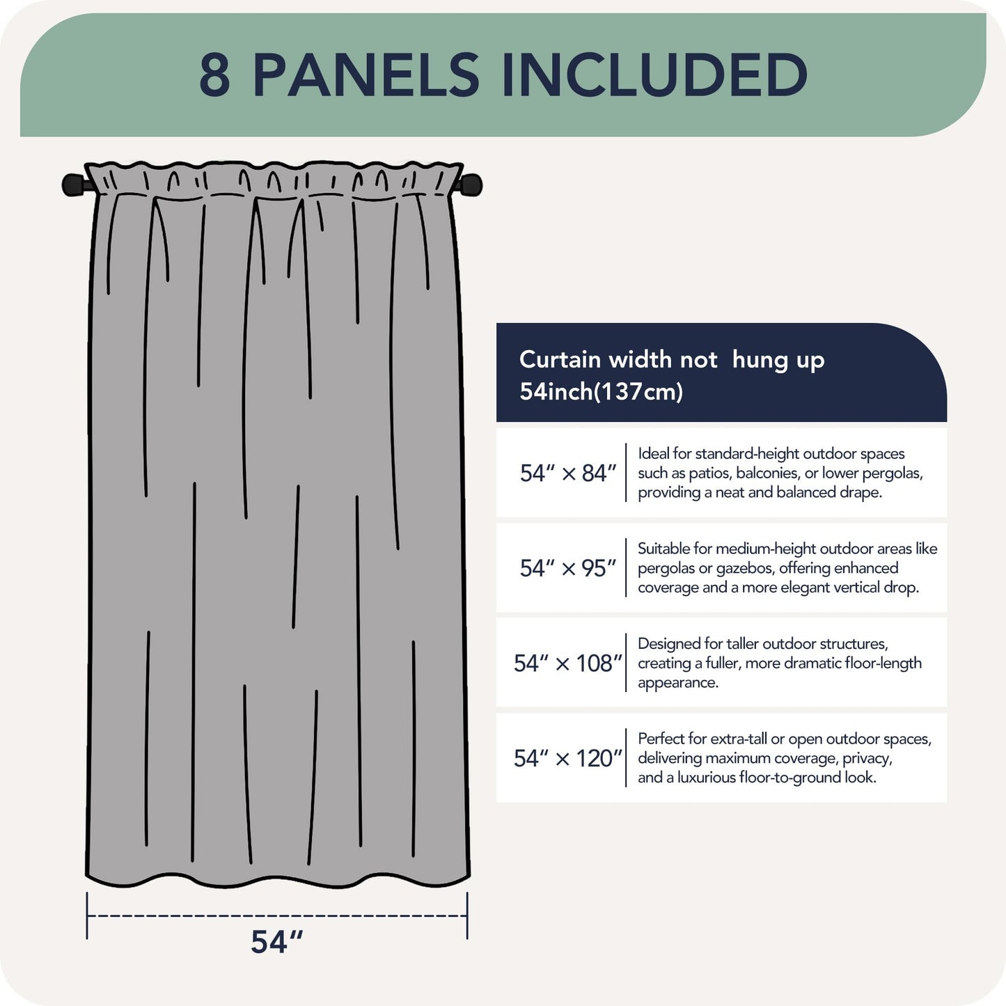 RichSets Black Outdoor Curtains for Patio Waterproof - 8 Panels Weatherproof Privacy Outside Curtains with Rod Pocket for Pergola, Gazebo, Porch, Cabana, Balcony, 54 x 95 Inch