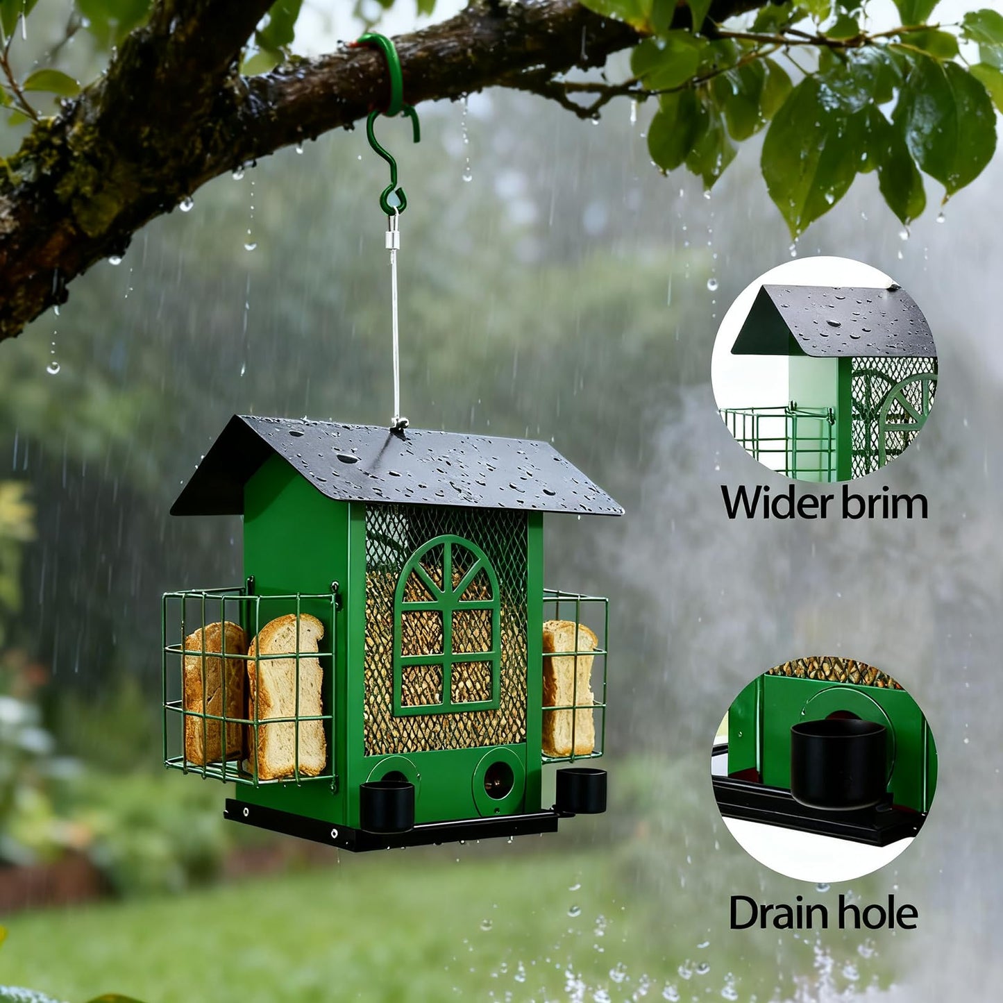 QZLOHOM Outdoor Metal Hanging Bird Feeder Large Capacity Premium Wild Bird Feeder (Includes Bread Tray) Metal Mesh Design Multi-Compartment Food Storage Green (Green)