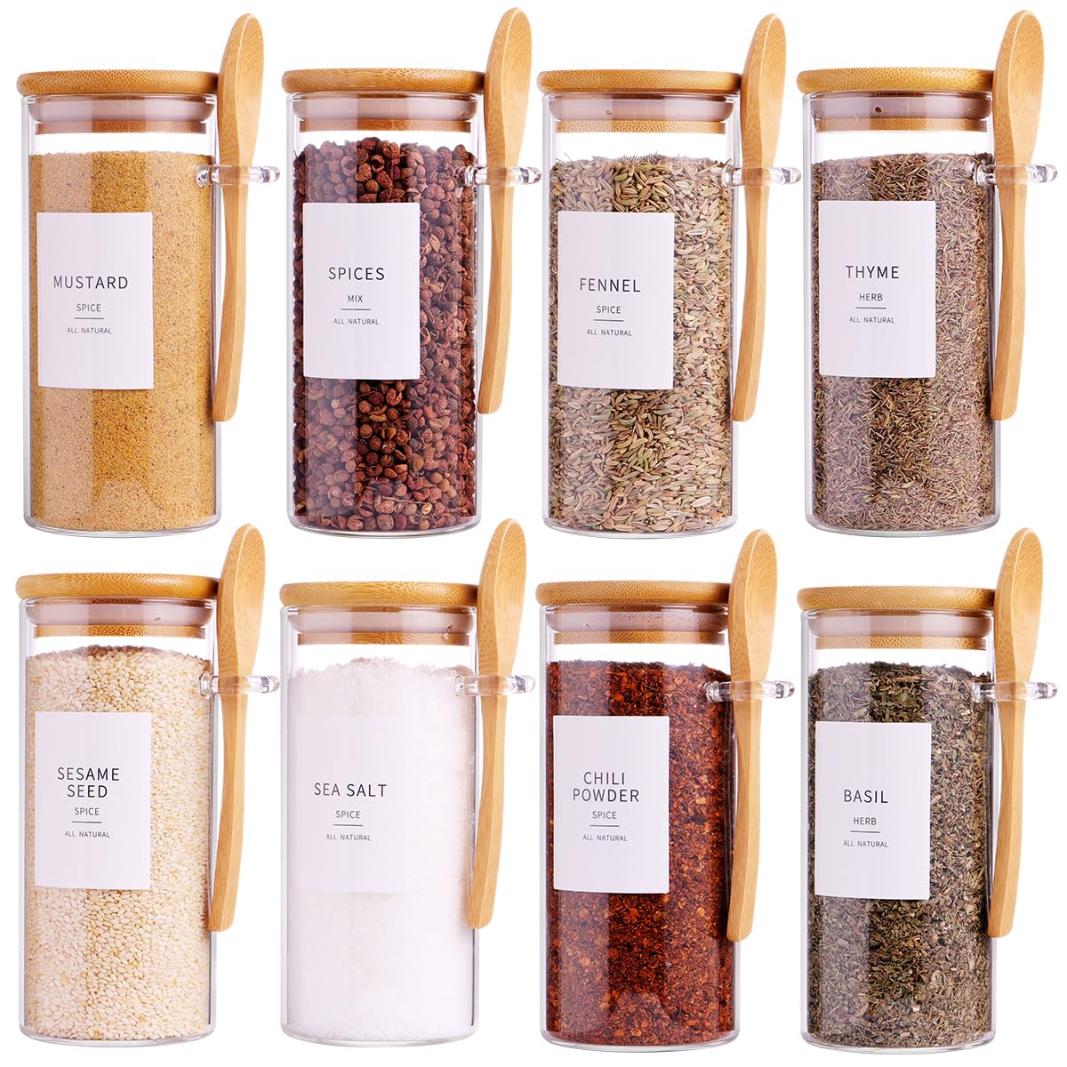 8 Pcs Glass Containers with Bamboo Lids and Spoons - 10 oz Sugar Container with 148 Kitchen Pantry Spice Jar Labels Preprinted - Glass Spice Jars with Wooden Lids Hold Coffee, Tea, Candy, Herbs