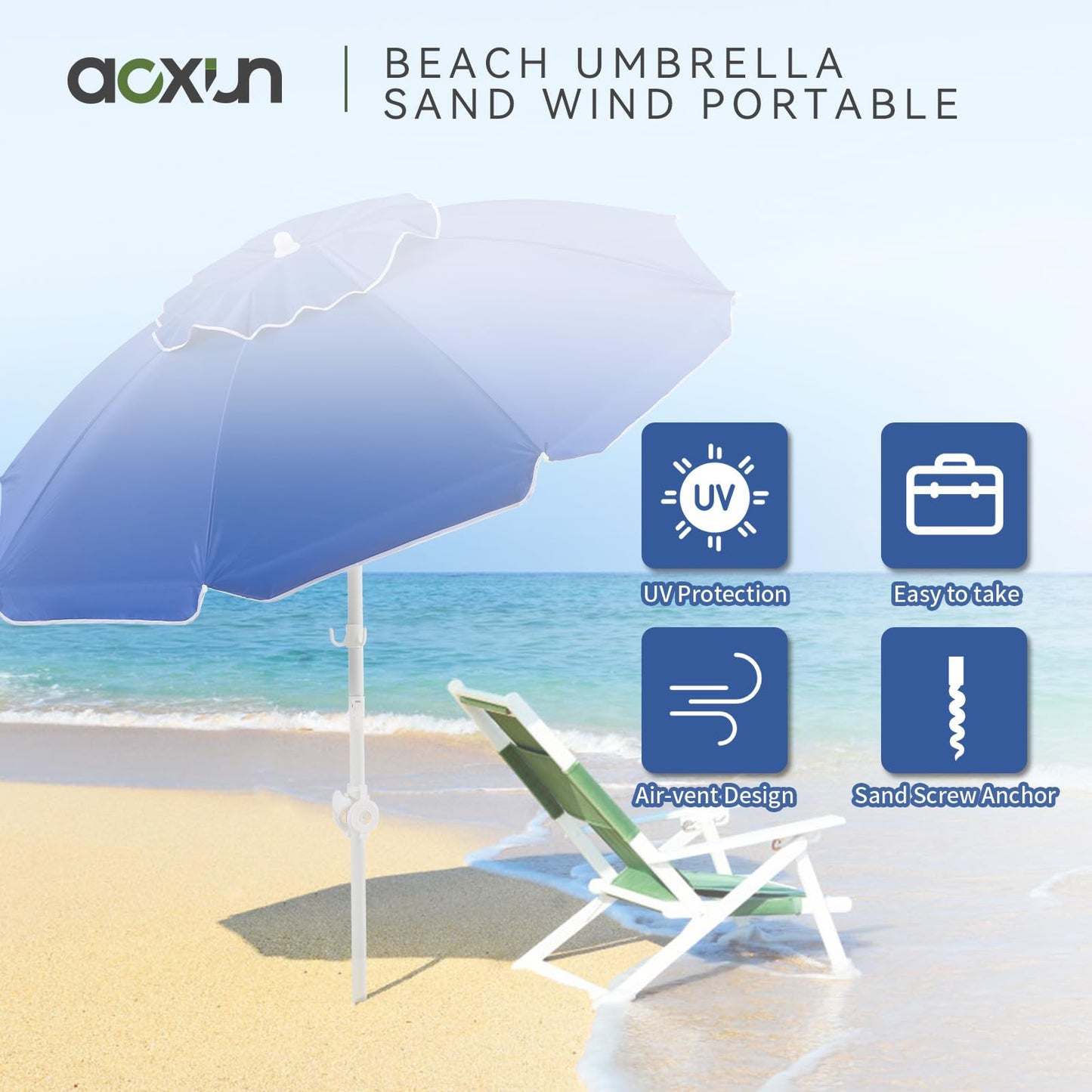 Aoxun Portable Umbrella with Stand, 6.5ft Sun Shade Umbrella with Stand, Lightweight Adjustable Standing with Sand Anchor and Carry Bag, Instant Sun Protection, Easy to Carry, Blue