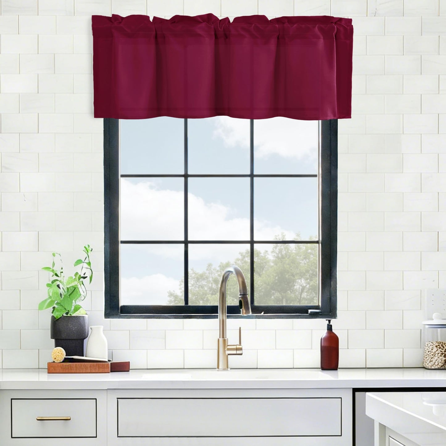 Hiasan Valance Curtains for Kitchen, Living Room, Basement, and Bathroom Windows, Small Window, Farmhouse Solid Short Topper, Short Rod Pocket Curtain Panels - 52 x 18 Inches, Wine Red, 1 Panel