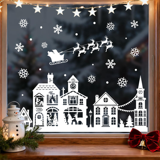 Mfault Christmas White House Window Clings, Xmas Santa Claus Reindeer Snowflake Stickers Decals Decorations, Snowy Winter Holiday Sleigh Home Kitchen Decor
