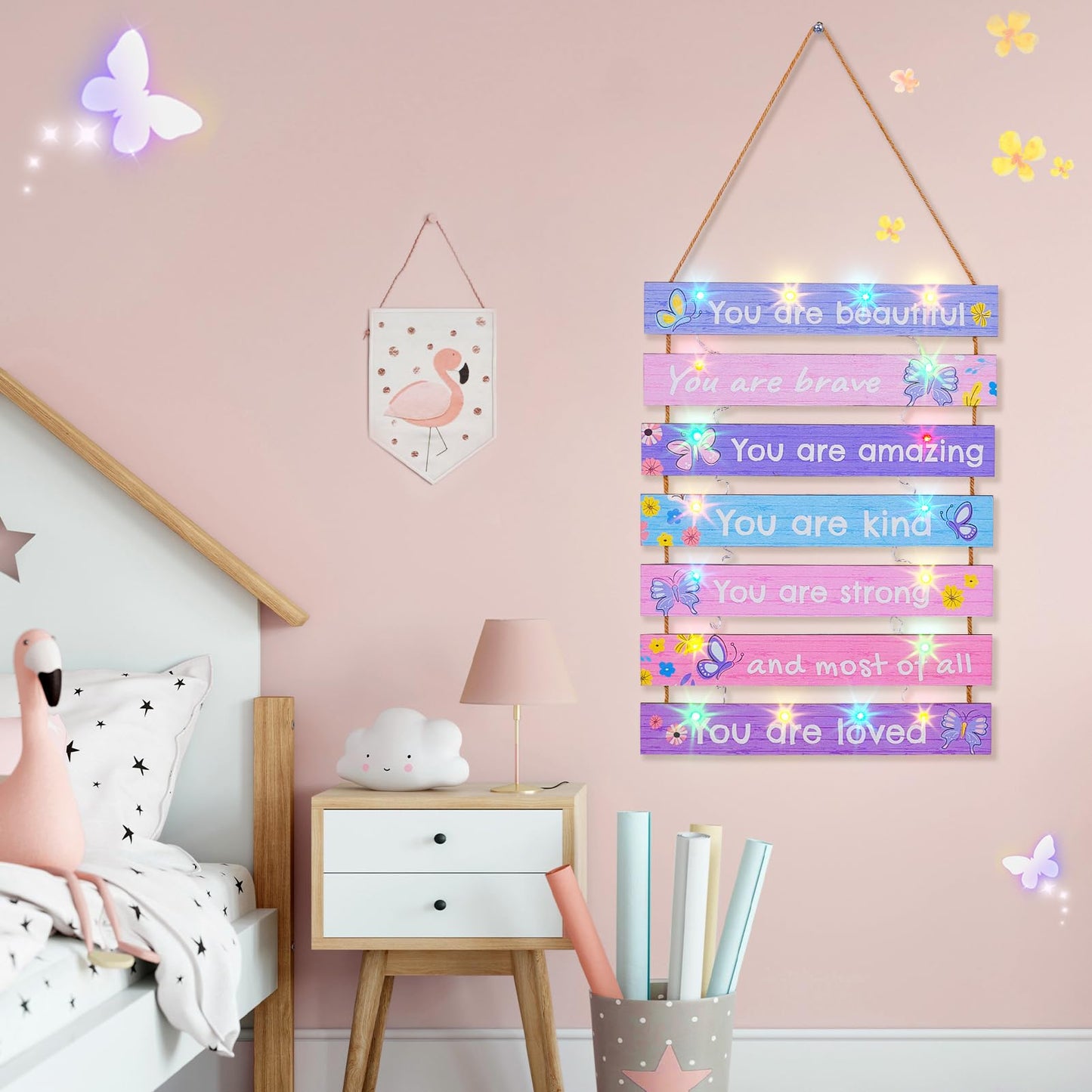 FIOBEE Girls Room Décor for Teen Girls Boys with LED Light Wall Decor for Bedroom Motivational Inspirational Wall Art Girl Room Decoration for Kids Studyroom, 8 Kinds of Lights, Purple Butterfly