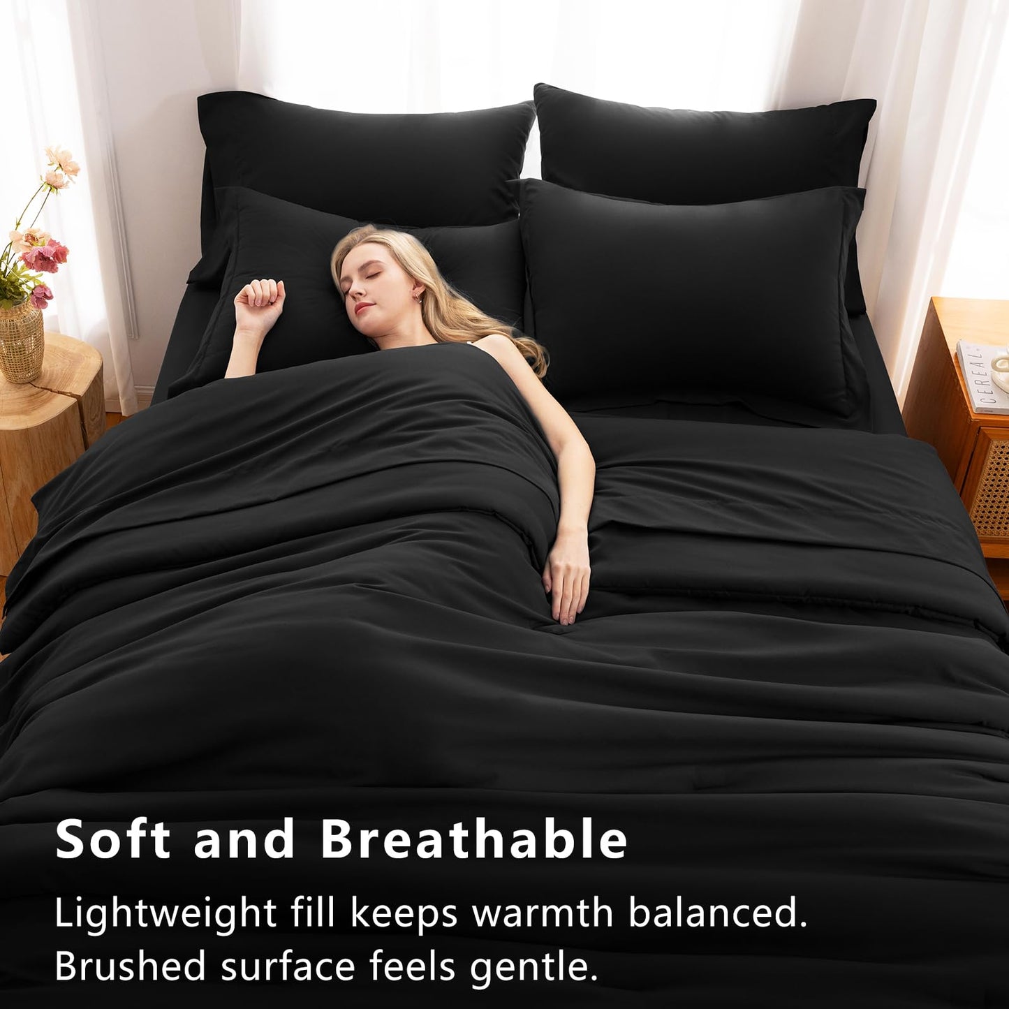 CozyLux Queen Comforter Set Black, 7 Pieces Bed in a Bag Soft Bedding Comforter Set with Sheets, All Season Boho 7PC Bed Sets with Comforter, Fitted Sheets, Flat Sheets, Pillow Shams and Pillowcases