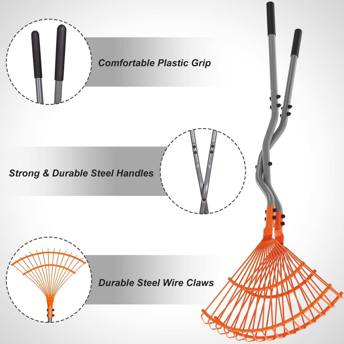 Walensee Rake for Leaves, Heavy Duty Leaf Picker Upper & Leaves Scooper, Leaf Grabber with Long Steel Handle, Multi-Use Garden Claw and Hands Rake for Lawn & Yard Shrub Cleanup