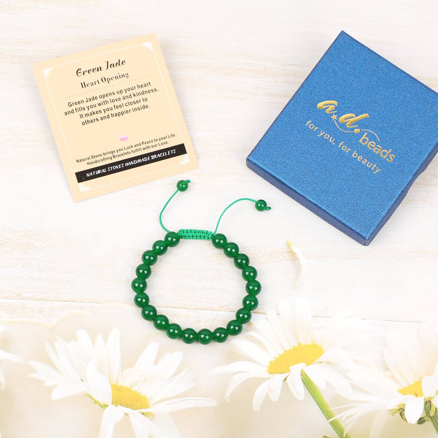 AD Beads 8mm Green Jade Bracelet - Stone of Heart Opening - Handmade Natural Stone Crystal Bracelet with Adjustable Macrame String - Yoga Healing Power Energy Gifts for Men and Women