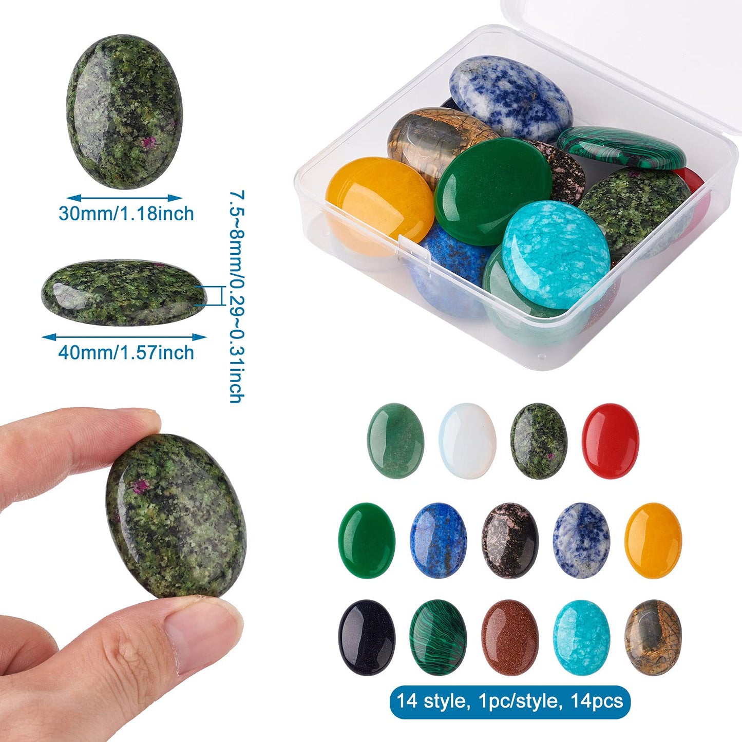 Fashewelry 14pcs Oval Healing Crystal Gemstone Cabochons 40x30mm Assorted Flatback Natural & Synthetic Energy Stone Cab Covers No Hole for Jewelry Craft Bracelet Necklace Making