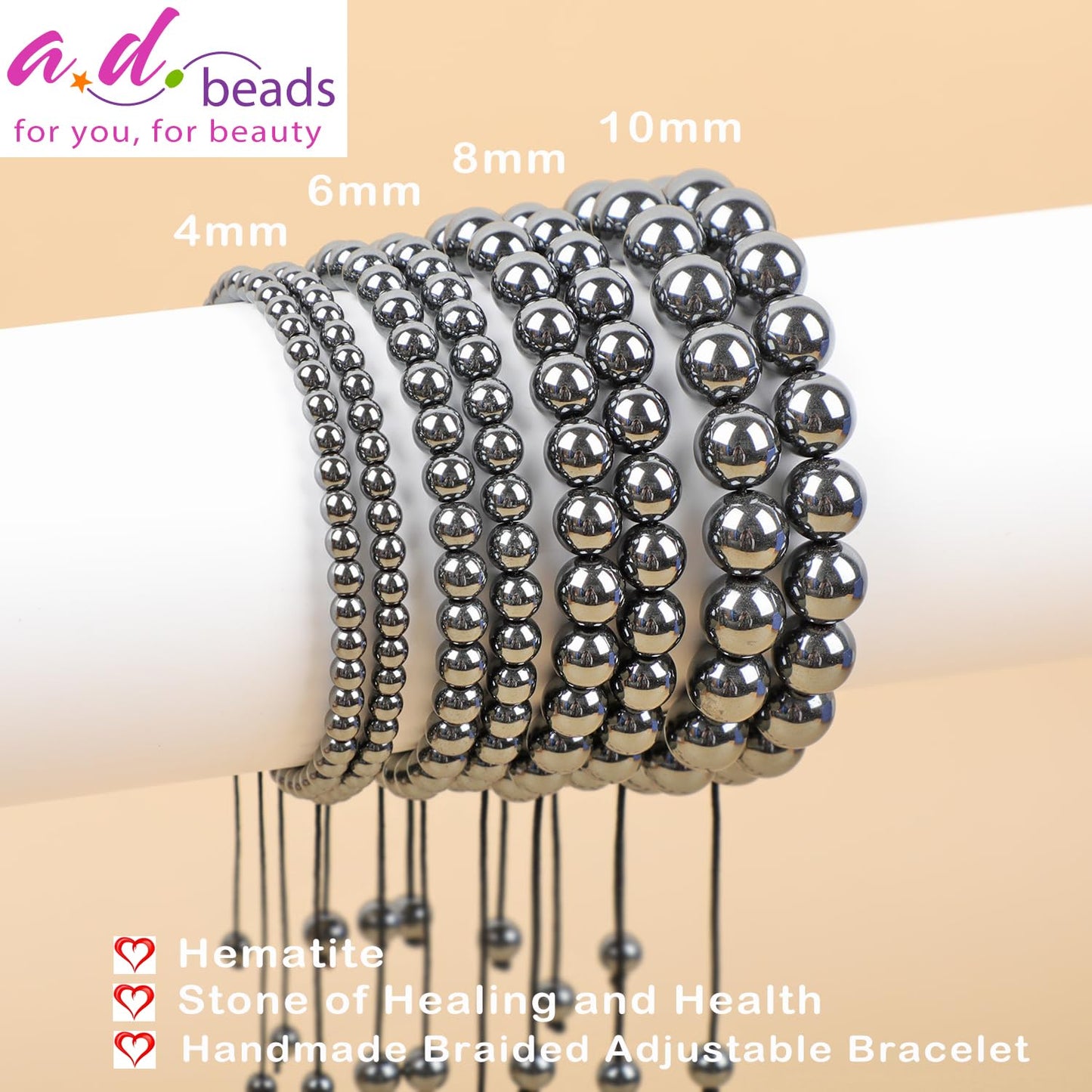 AD Beads 8mm Hematite - Healing and Health - Handmade Natural Stone Crystal Bracelet with Adjustable Macrame String - Yoga Healing Power Energy Gifts for Men and Women