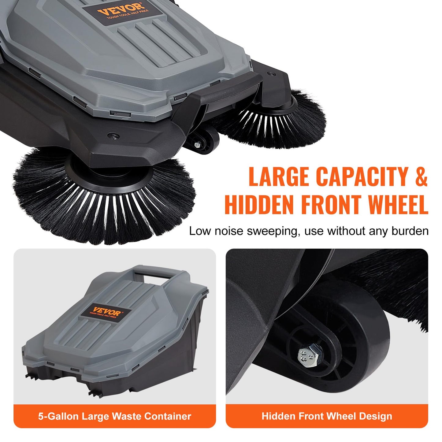 VEVOR Walk-Behind Hand Push Floor Sweeper, 25.6" Sweeping Width Floor Sweeper Manual Non-Electric, 5-Gallon Waste Container, Angle & Height Adjustable Folding Handle for Walkway, Yard, Garage, Patio