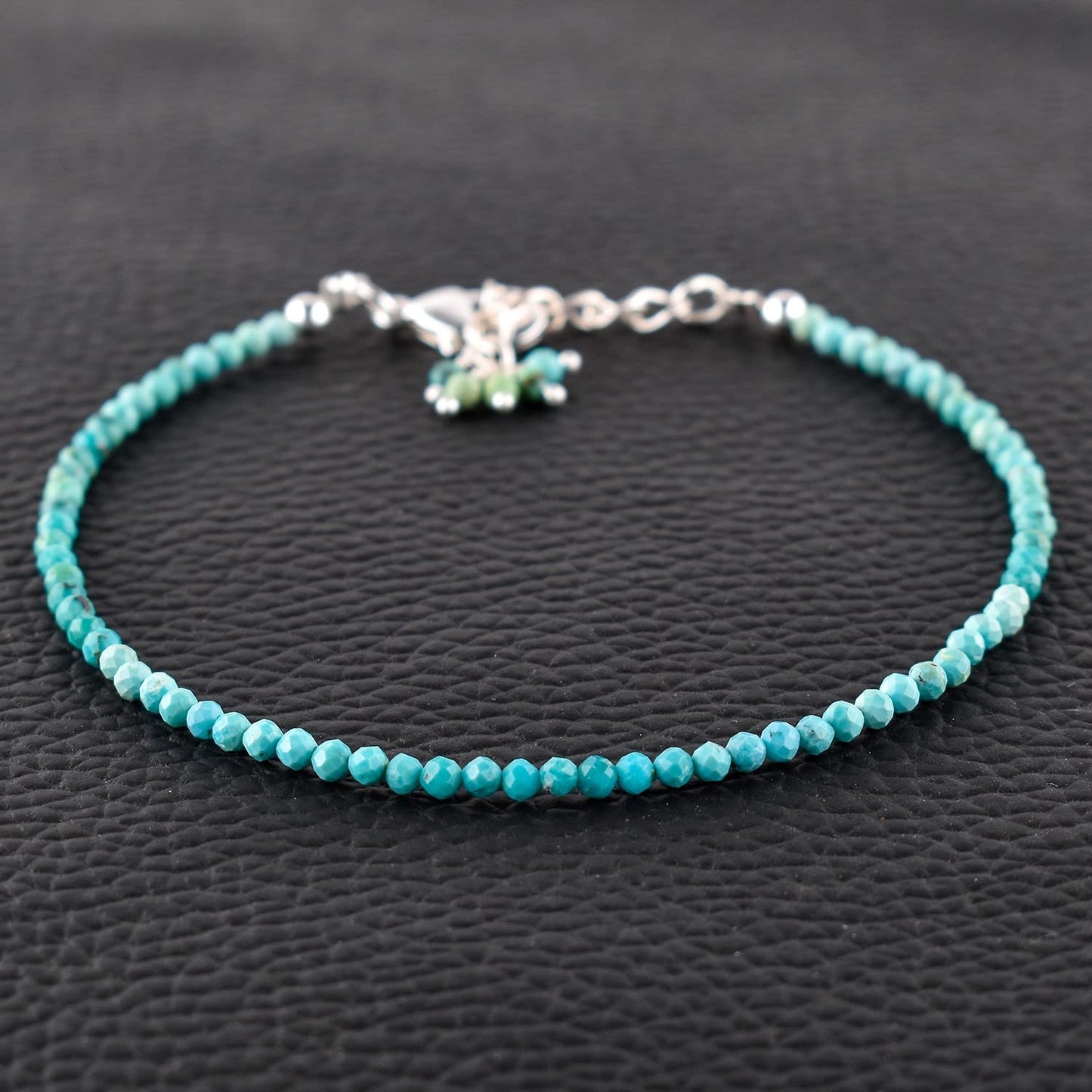 QNAVIC Real Shaded Blue Turquoise Gemstone Micro Round Beads Dainty Bangle Bracelet Jewelry for Women Healing Chakra Crystals December Birthstone Gifts Silver Plated Chain 8 inch