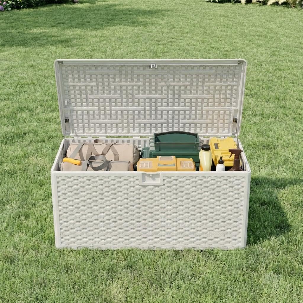 73 Gallon Waterproof Large Resin Deck Box Indoor Outdoor, Lockable Storage Container for Patio Furniture Cushions, Throw Pillows, Garden Tools, and Pool Floats, White