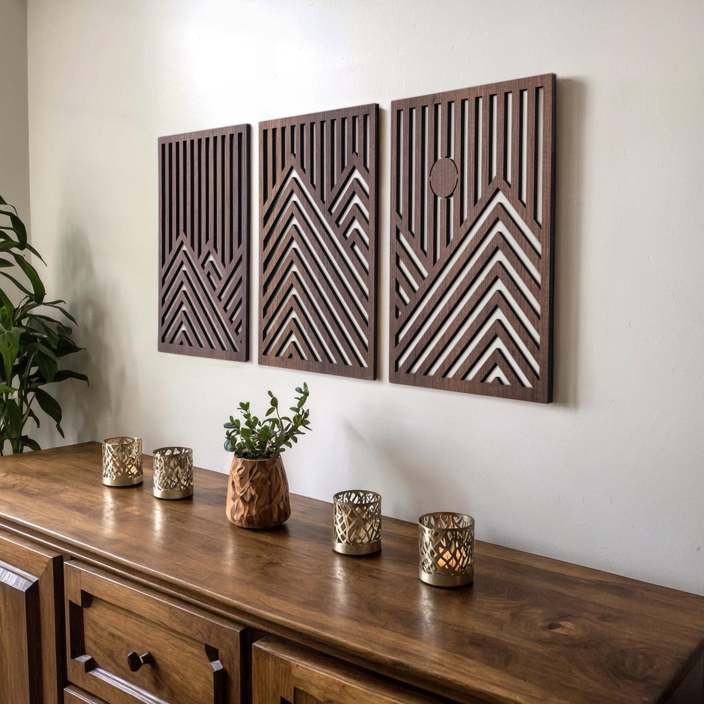 qmmp Modern Wooden Wall Sculptures - Set of 3 - Home Decor Accent - Large Wall Art for Living Room, Bedroom, Office - Easy Installation (Walnut, Medium - Mountain and Sun)