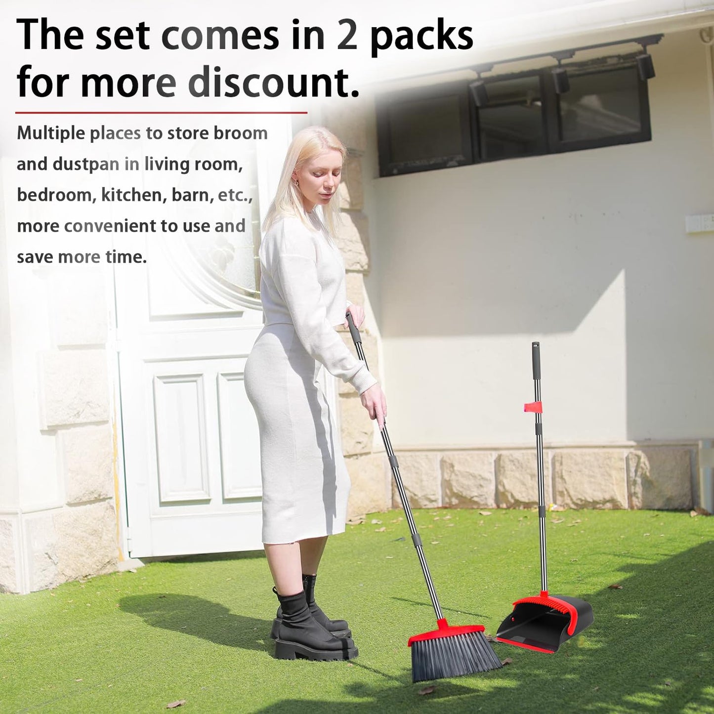 2-Pack is More economical,Brooms with Dustpan Combo Set， with 52" Long Handle, Dustpan Teeth with self-Cleaning Function, Indoor and Outdoor Sweeping, Perfect for Home Office (Large/Red /2-Pack)