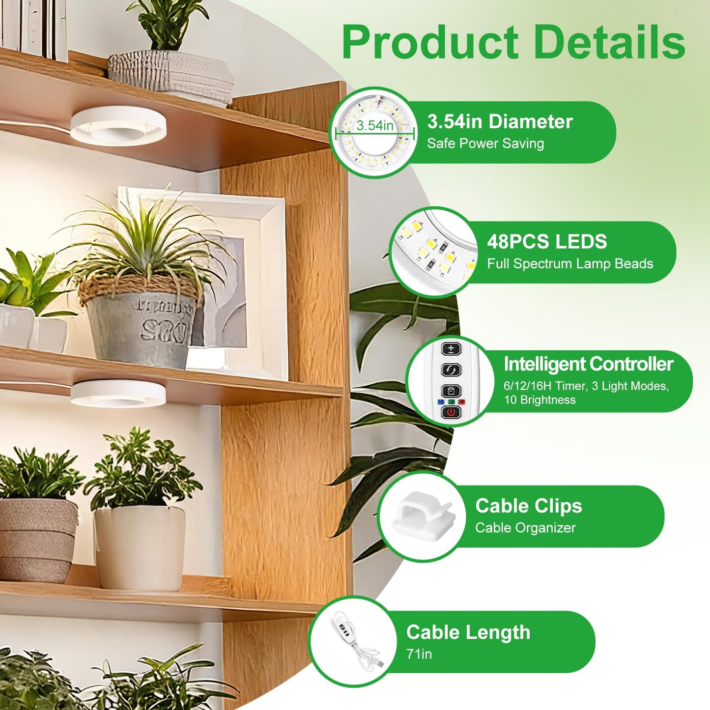 RWNTAO 3.54" Ceiling Grow Light for Indoor Plants, Warm&White Full Spectrum Plant Light, Growing Lamp with 6/12/16H Auto Timing, 10 Dimmable Brightness Levels for Small Plants,2Head