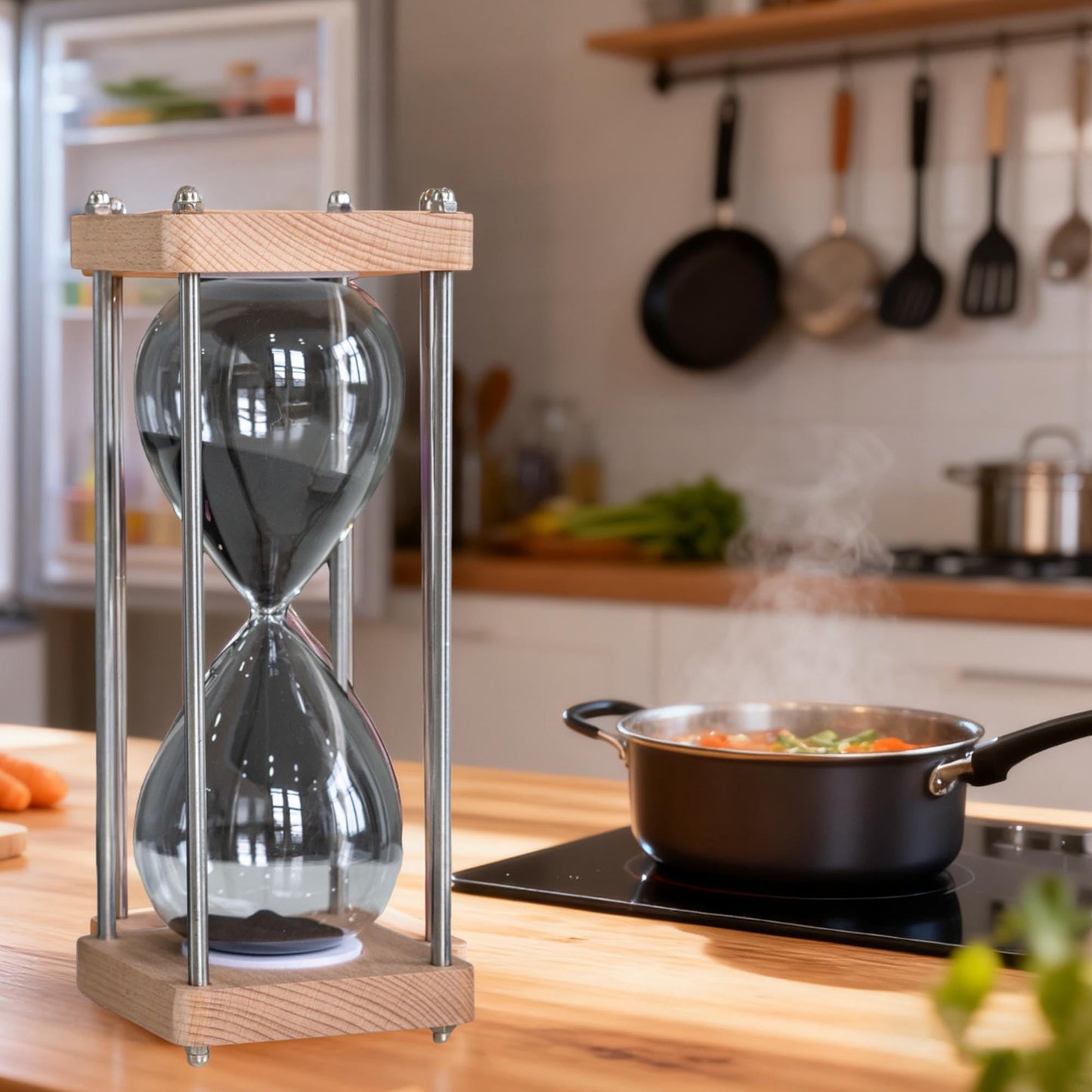 Large 60 Minute Hourglass, with Transparent Glass & Natural Oak Wood Base, Modern Minimalist Office Home Desktop Decor (Black)