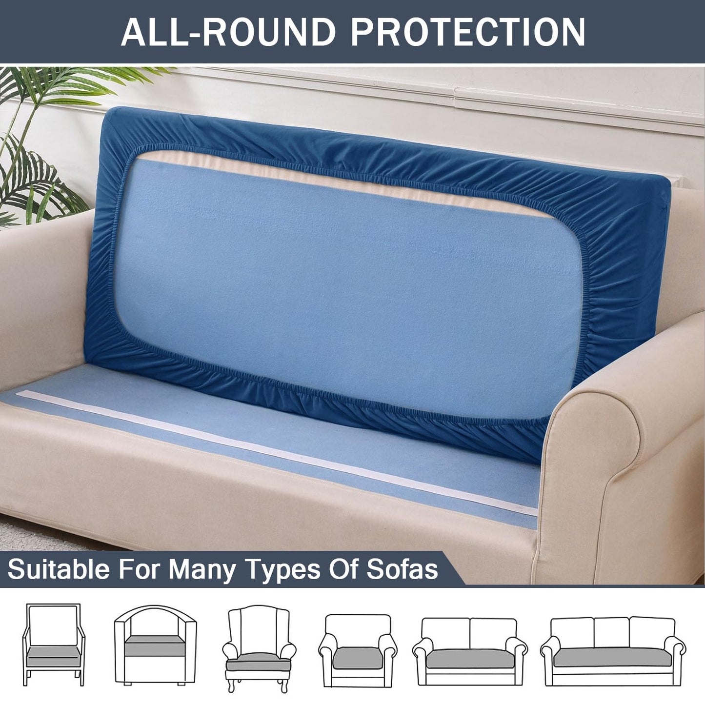 Stretch Cushion Cover, Soft Velvet Plush Cushion Slipcovers Loveseat Sofa Covers Couch Seat Covers Furniture Protector with Elastic Bottom (Medium, Blue)