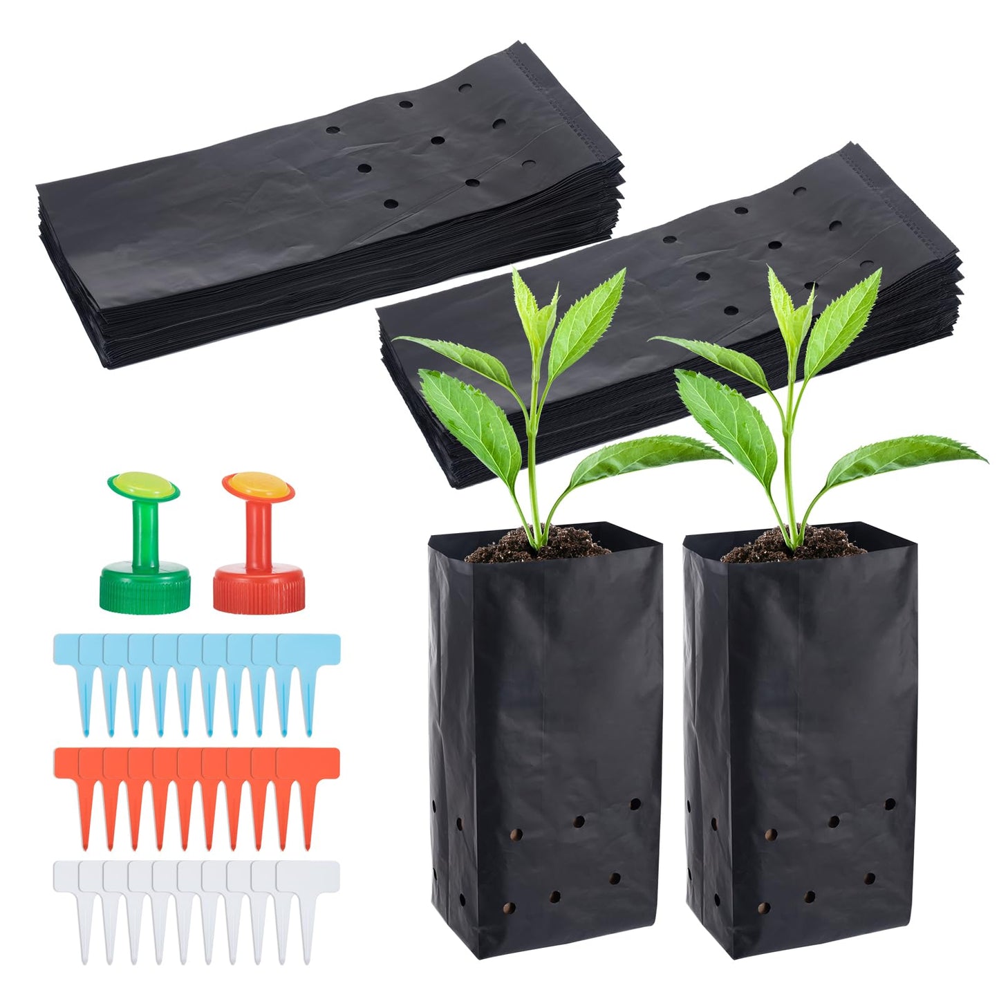 100 Pcs Nursery Growing Bags Seedling Starter Bags with 30 Plant Labels & 2 Mini Watering Sprinklers Plant Grow Bags Plants Pots Plastic Pouches for Garden Trees,Flowers, Vegetable(9.2x4.9x3.5 Inch)