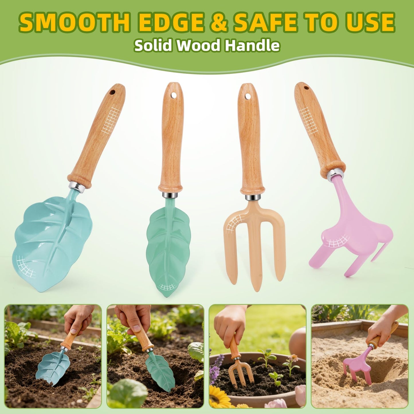 RayYunTustone Kids Gardening Tools Set - 4pcs, Outdoor Yard Digging Tools with Shovel Rake Leaf Rake, Summer Beach Backyard Play Kit, Ideal Outdoor Birthday Gift for Boys & Girls 2 3+ Years
