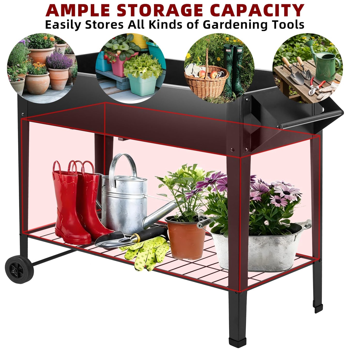 DNKMOR 32" Tall Raised Garden Bed Outdoor with Wheels & Storage Shelf or Mobility,Mobile Anti-Rust Steel Planters for Outdoor Plants,Planter Box for Vegetables/Flower/Herbs,Patio-Balcony-Backyard