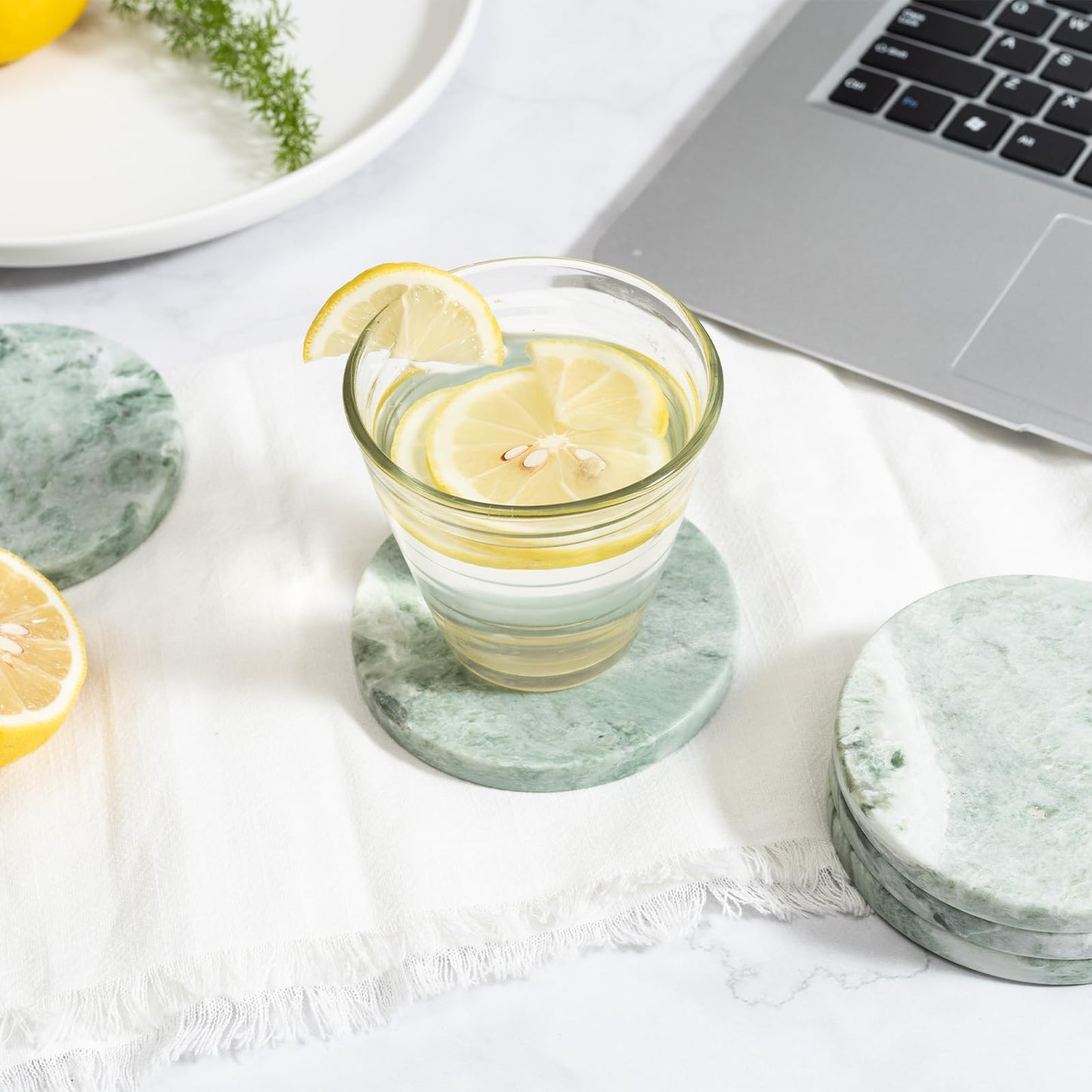 Green Marble Drink Coasters, Natural Stone Coasters - Set of 4, Elegant Home Decor
