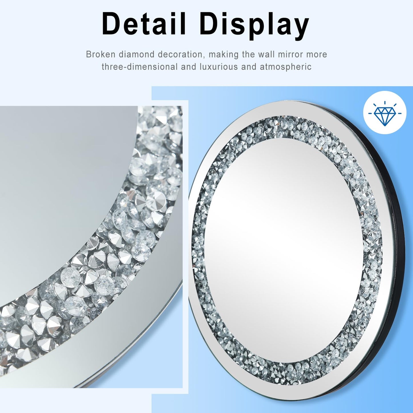 24 Inch Crushed Diamond Round Glass Wall Mirror, Bathroom Mirror, Wall Decoration Hanging Mirror, Suitable for Living Room, Bedroom, Vanity