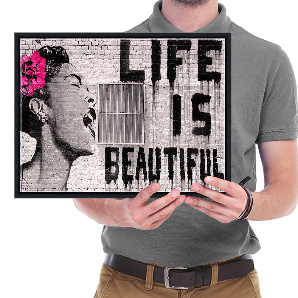 Wieco Art Framed Wall Art Canvas Prints of Banksy Life is Beautiful Abstract Artwork for Wall Decor Room Decorations Black Frame