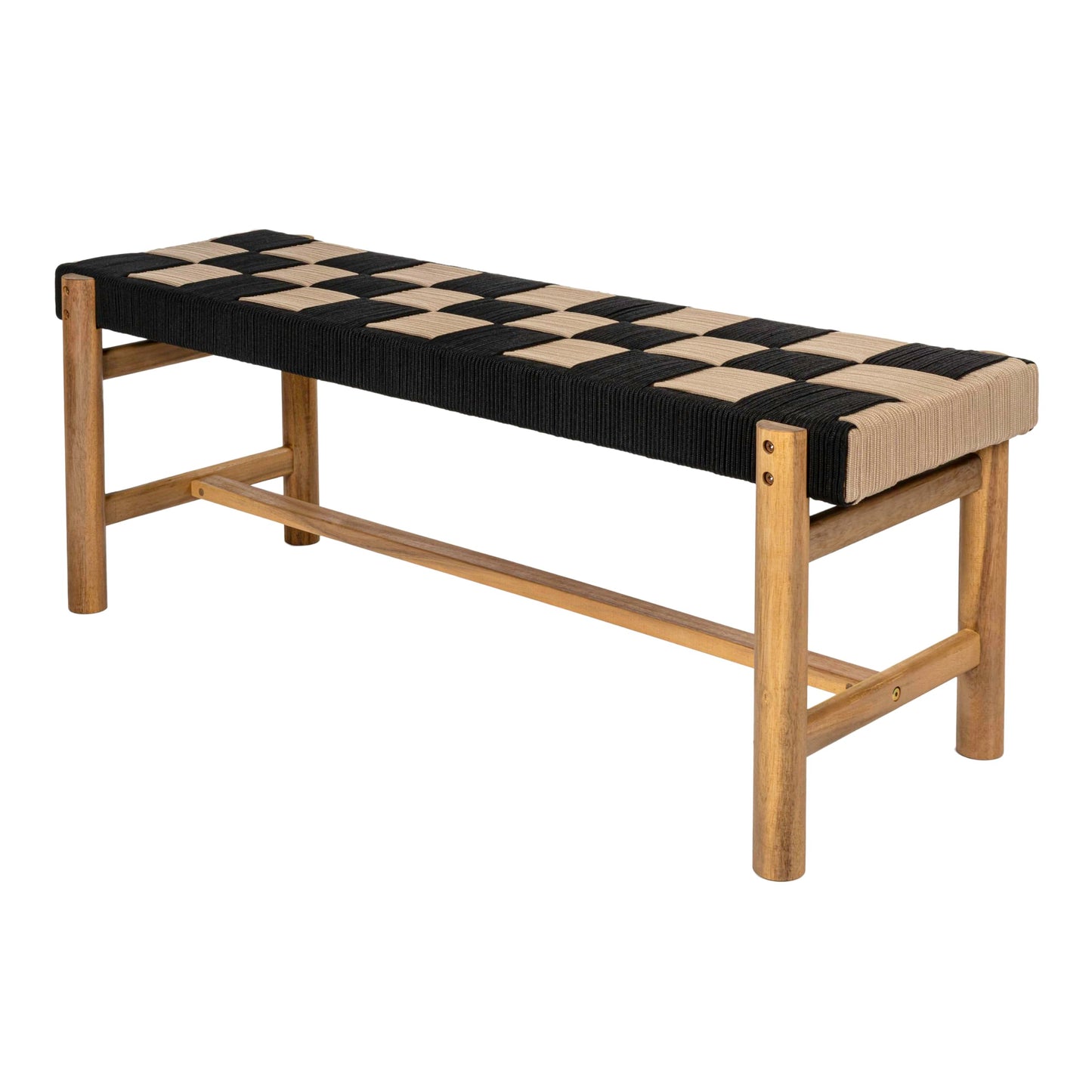JONATHAN Y BNH202A Denis 48" 2-Seat Backless 700-Lbs Support Acacia Wood Outdoor Bench with Checkerboard Woven Rope Seat for Patio, Garden, Lawn, Backyard, Pool, Deck, Beach, Black/Beige