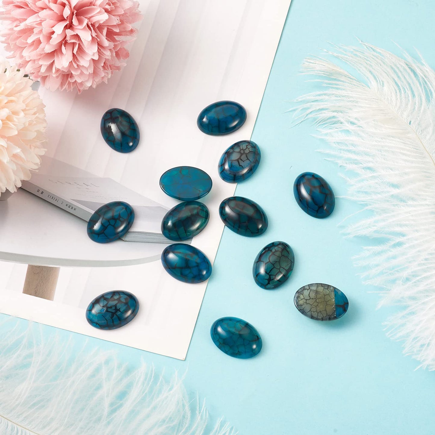 Fashewelry 20Pcs Natural Oval Dragon Veins Agate Flat back Gemstone Crystal Cabochons 25x18mm Healing Chakra Crystal Stone Bead Cab Covers No Hole for Jewelry Craft Making Marine Blue