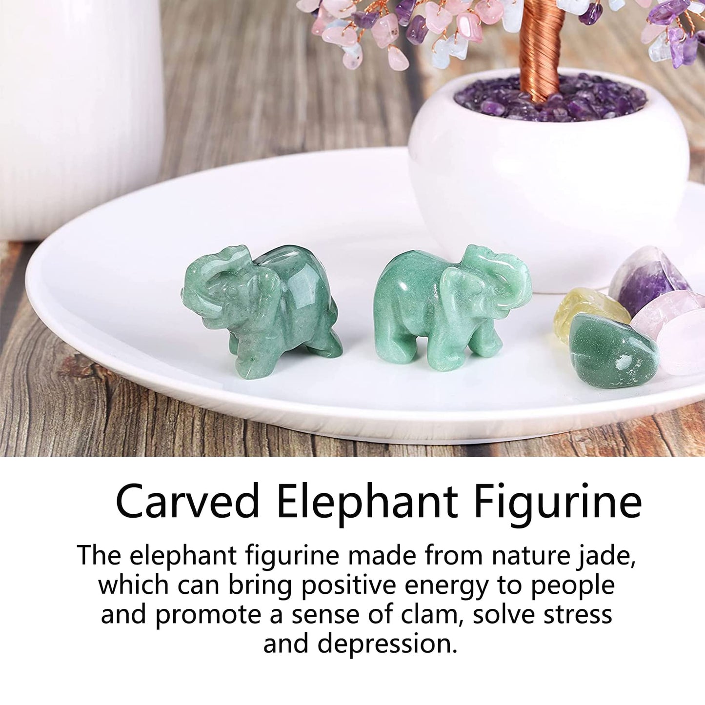 Watris Veiyi 2inch Natural Jade Elephant Figurine, Green Elephant Decoration, Carved Elephant Figurine, Elephant Crystal Wealth Lucky Figurine for Home Decor