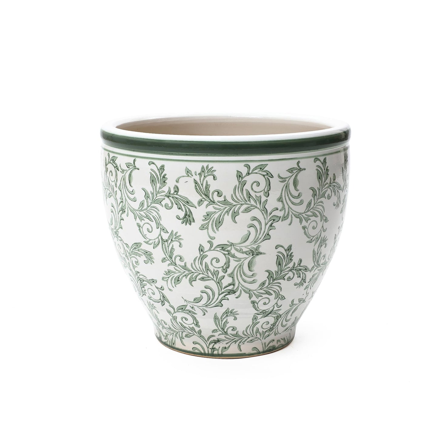 LuxenHome 11.4" Dia Round Ceramic Plant Pots with Floral Pattern, Green and White Large planters for Indoor Outdoor Plants with Drainage Hole, Decorative Flower Pot for Home Garden Patio
