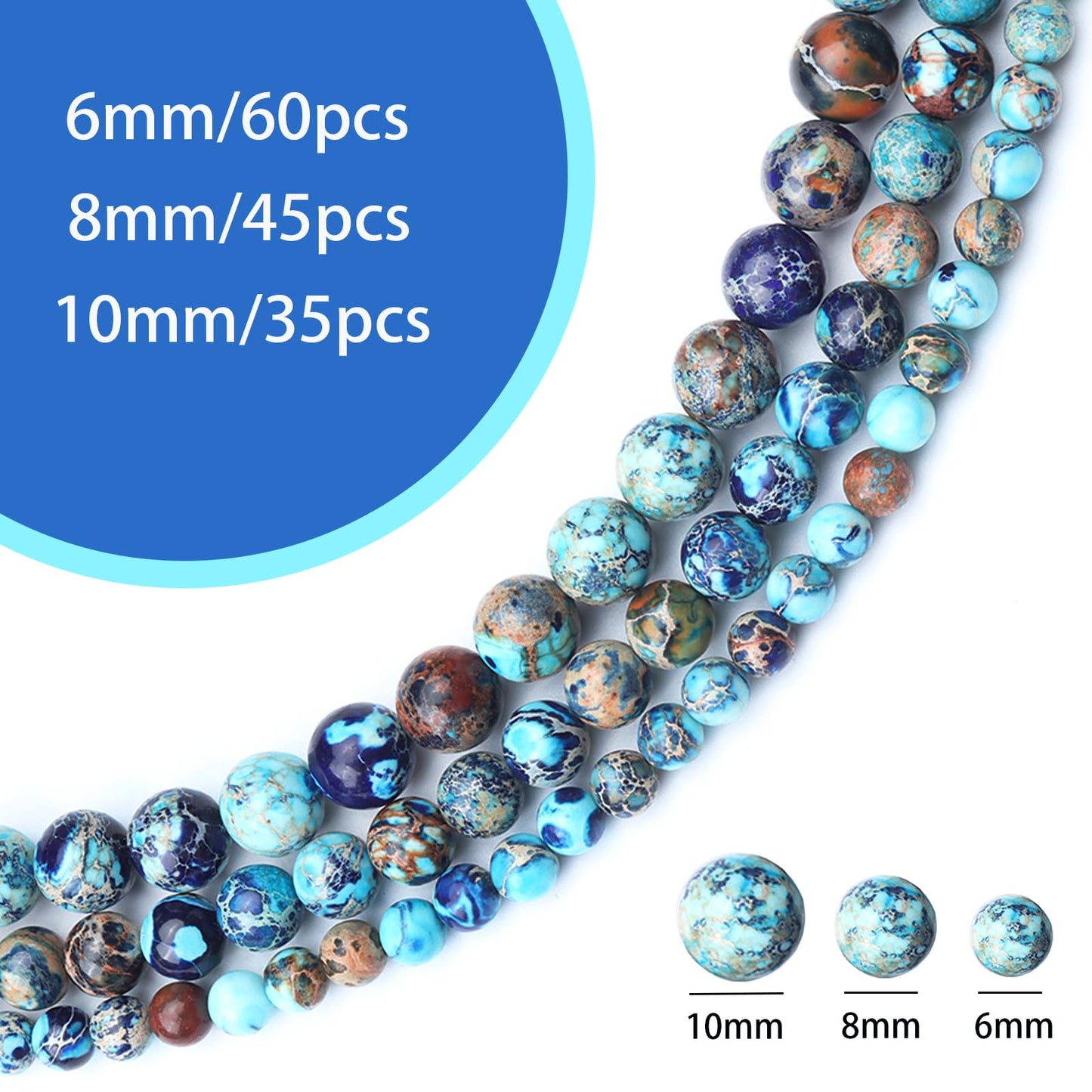 Siomia 45pcs 8mm Natural Mixed Blue Imperial Jasper Gemstone Beads Energy Healing Crystal Round Loose Stone Beads for Jewelry Making, DIY Bracelets Necklaces