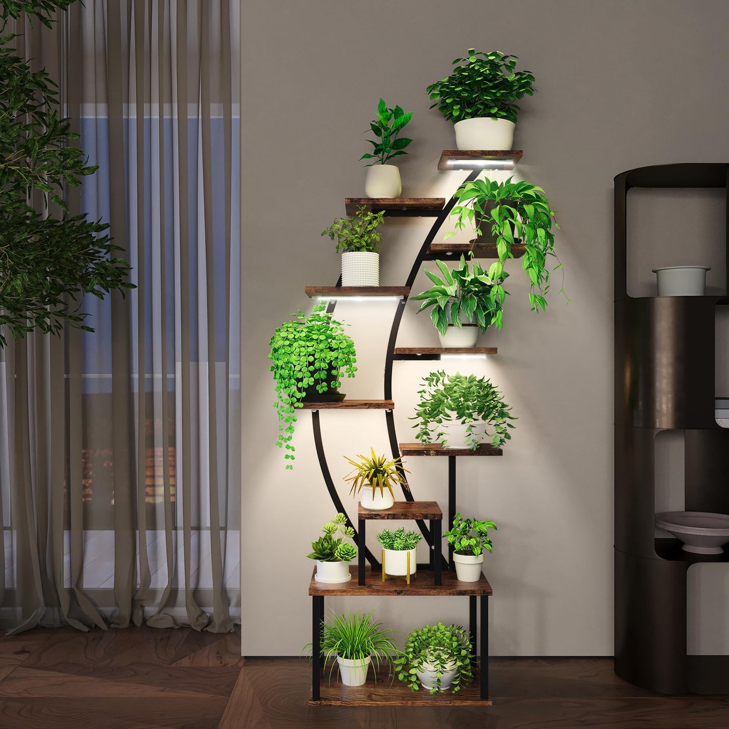 Plant Stand Indoor with Grow Lights, 63" Tall Plant Shelf, Lighted Corner Plant Stands for Indoor Growing, 9-Tier Large Flower Holder, Plant Display for Living Room, Black