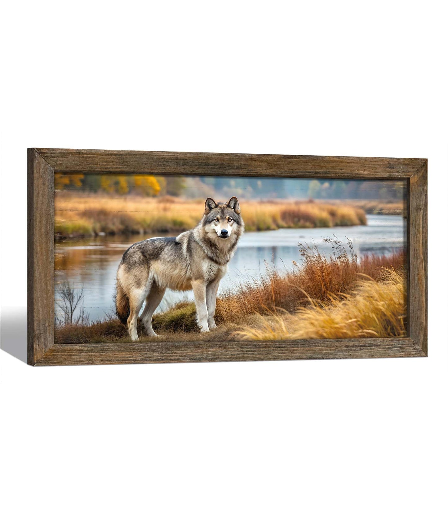 Wolf Wall Art Framed Decor: Rustic Cabin Wood Print Picture Wildlife Nature Painting Wild Animal Landscape Artwork for Bedroom Living Room Office 40 x 20 Inch