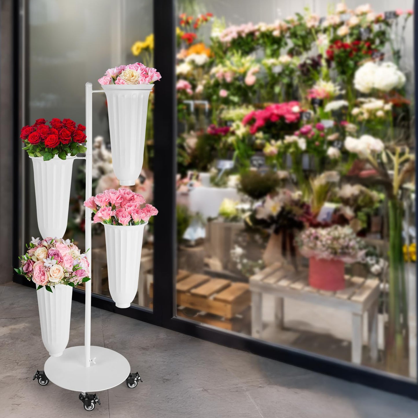 LEALIBAUSS Metal Flower Bar Stand With 4 Buckets Flower Cart Display Stand with Wheels Floral Bar for Wedding,Garden Events Party Decor (WHITE)