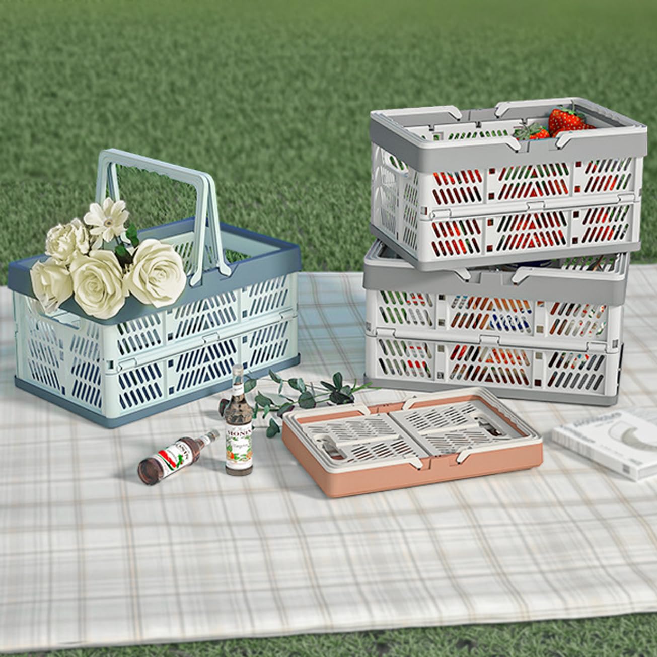 VIGAER 20L Plastic Collapsible Storage Crate - Foldable Handle Crate Storage Basket Bin - White & Gray M