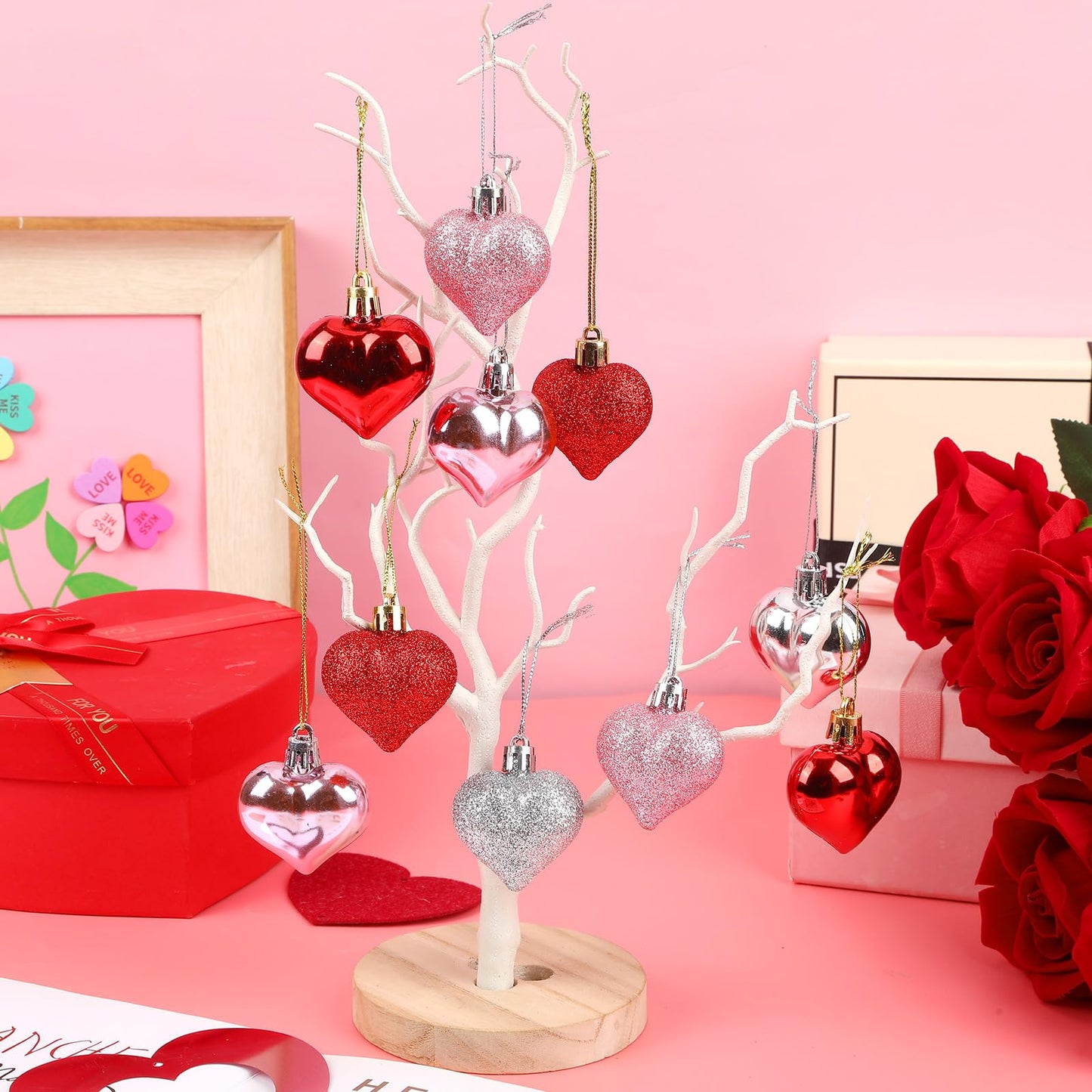 JUNEBRUSHS Valentines Day Decor Tree Decorations Set, 36 Pcs Ornaments for Valentine's St Patricks Easter Glossy Glitter Hanging Decorations for Home Wedding Party