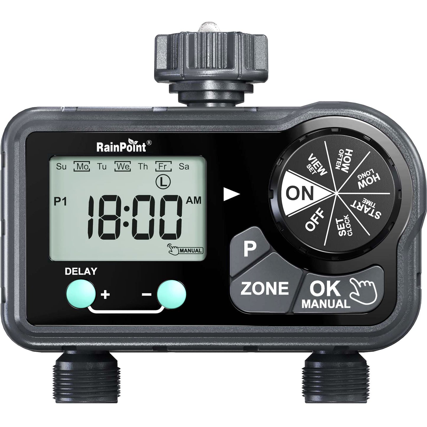 RAINPOINT Sprinkler Timer with 3 Different Programs, Hose Timer for Garden Hose with Rain Delay/Manual Watering/Automatic Irrigation System for Garden, 2 Outlet